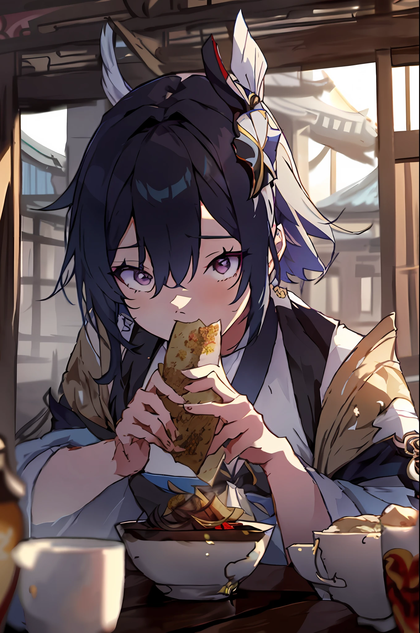 anime girl eating a sandwich at a table with a bowl of food, keqing from genshin impact, ayaka genshin impact, zhongli from genshin impact, genshin, guweiz, artwork in the style of guweiz, ayaka game genshin impact, anime moe artstyle, guweiz on artstation pixiv