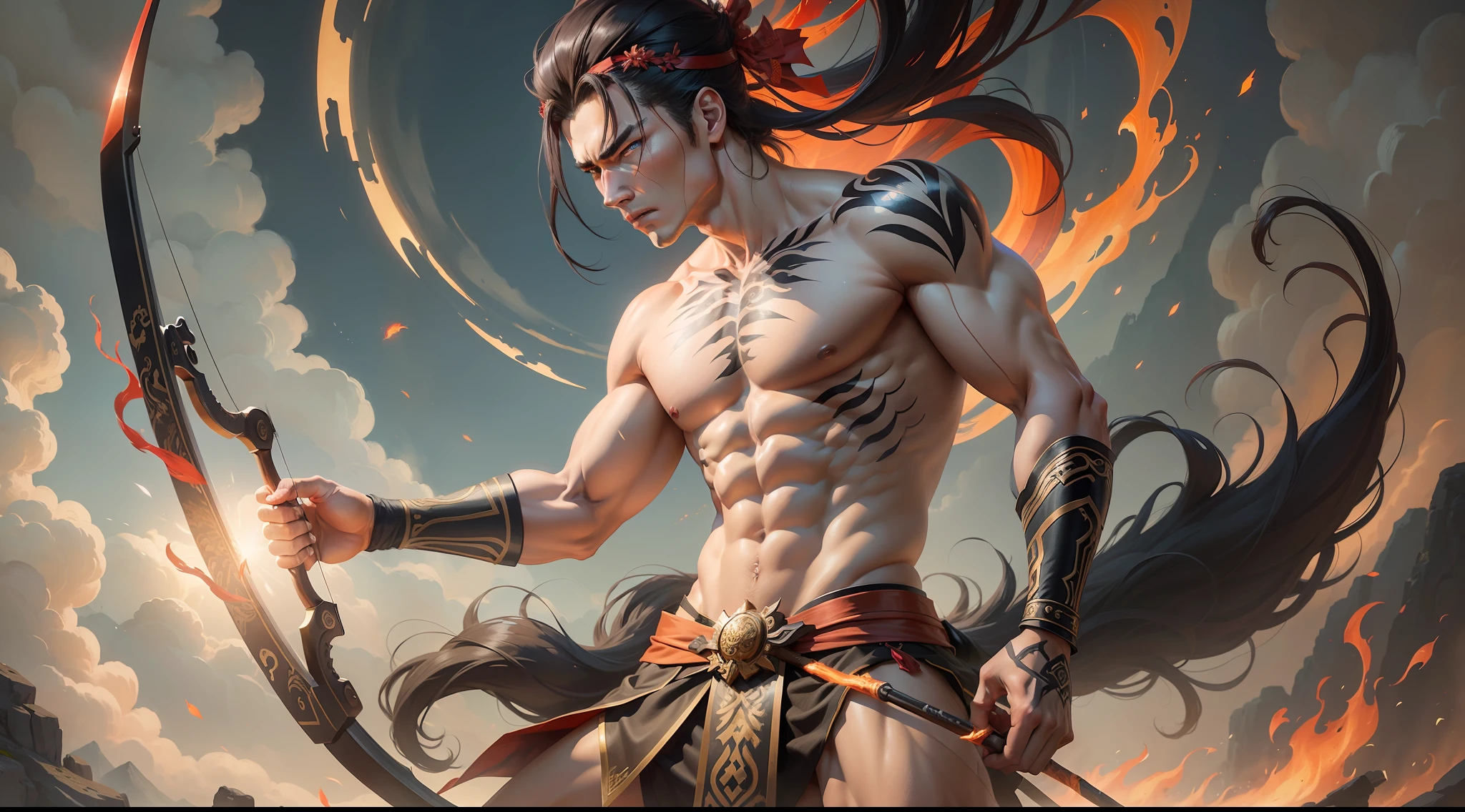 A young man wearing an animal skin skirt shirtless with a grim expression Holding a bow and arrow in his hand Facing the sky Archery Posture Nine fiery red suns in the sky Chinese myths and legends Chinese style illustration, master works, full-body shots, picture tension, high resolution, high detail, fine facial expressions, extremely complete)