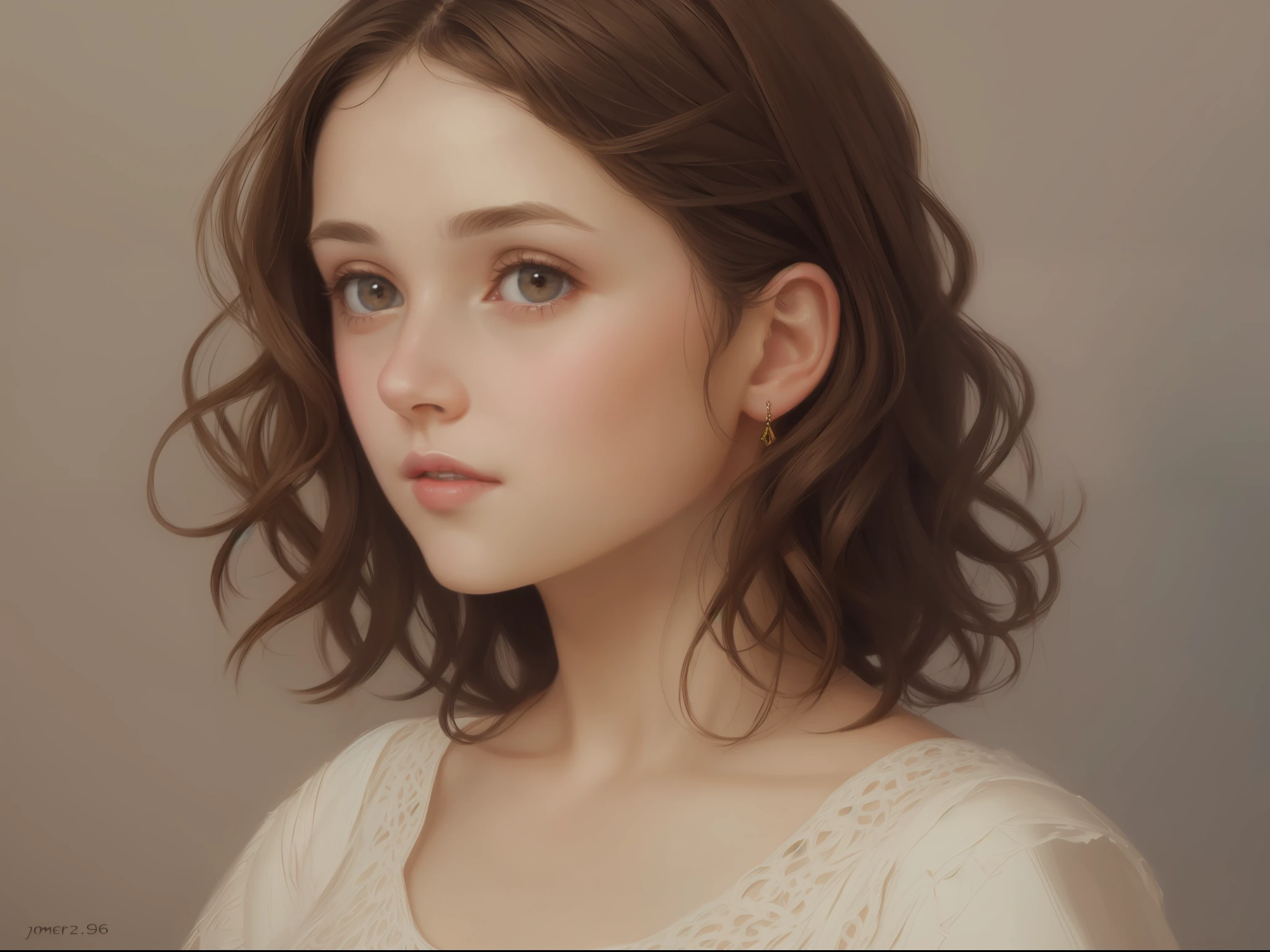 1girl, beautiful teenage girl, very small breasts, short wavy brown hair, portrait, oil painting, modern, realistic proportions, intricate, intricate details, sharp focus