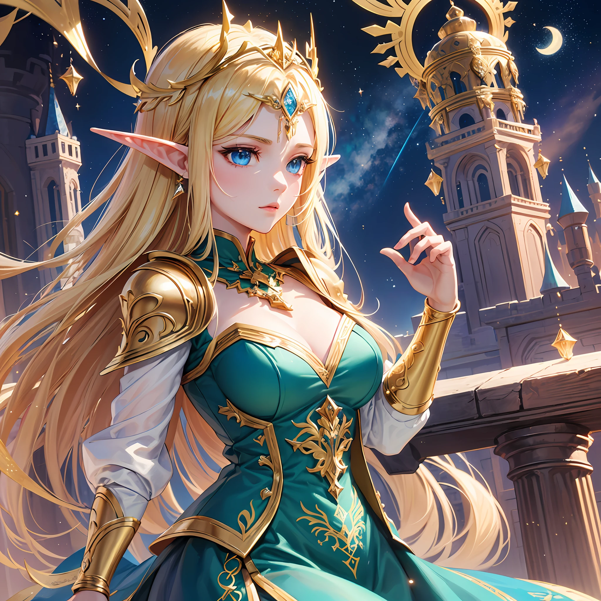 , Using Unreal Engine, create a high-quality,masterpiece with an ultra-detailed model of a girl.((sword of elf)),((tiara encrusted with jewels)),(stars in the eyes and blond hair Detailed drawing.Vivid colors),((beautiful woman)),((gold metallic armor and Gorgeous embroidery on the armor)),horse,((add a gradient to the background)), ((moonlight castle. Detailed drawing.Vivid colors)) ,(extremely fine and beautiful),(perfect details). --auto --s2