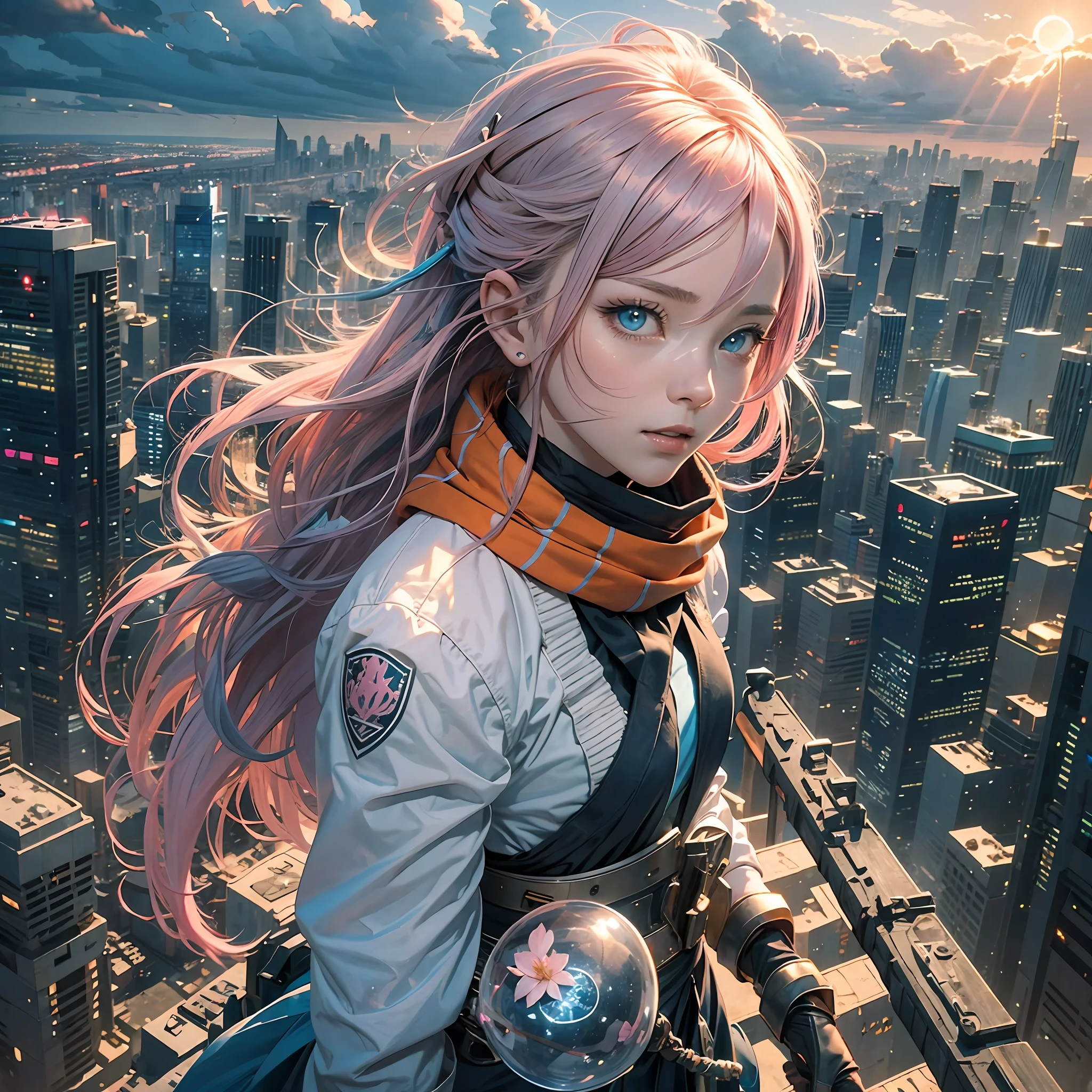 A young anime girl with pink hair and blue eyes stands on a rooftop, looking out at a bustling city skyline. She wears a black and white school uniform with a red scarf and carries a large, silver sword on her back. In one hand, she holds a small, white flower, and in the other, she grips a glowing blue crystal. The wind blows her hair and uniform, giving the image a sense of movement. The city below is alive with colors and lights, and in the distance, a setting sun casts a warm orange glow over the scene. --auto --s2