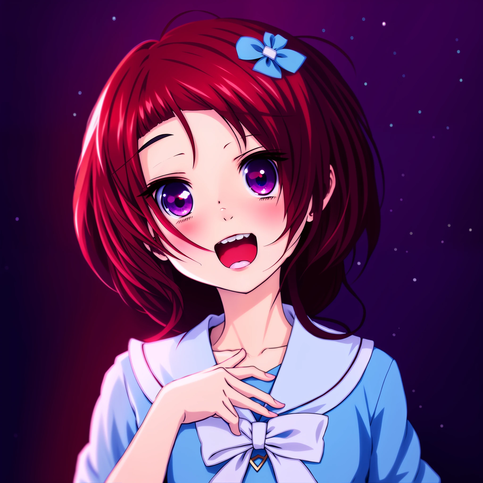 anime girl with red hair and blue dress with a bow, anime moe artstyle, sayori, [[[[grinning evily]]]], iwakura lain, anime style portrait, inspired by Yuki Ogura, in an anime style, digital anime art!!, marin kitagawa fanart, kawaii realistic portrait, rin, in anime style, anime artstyle