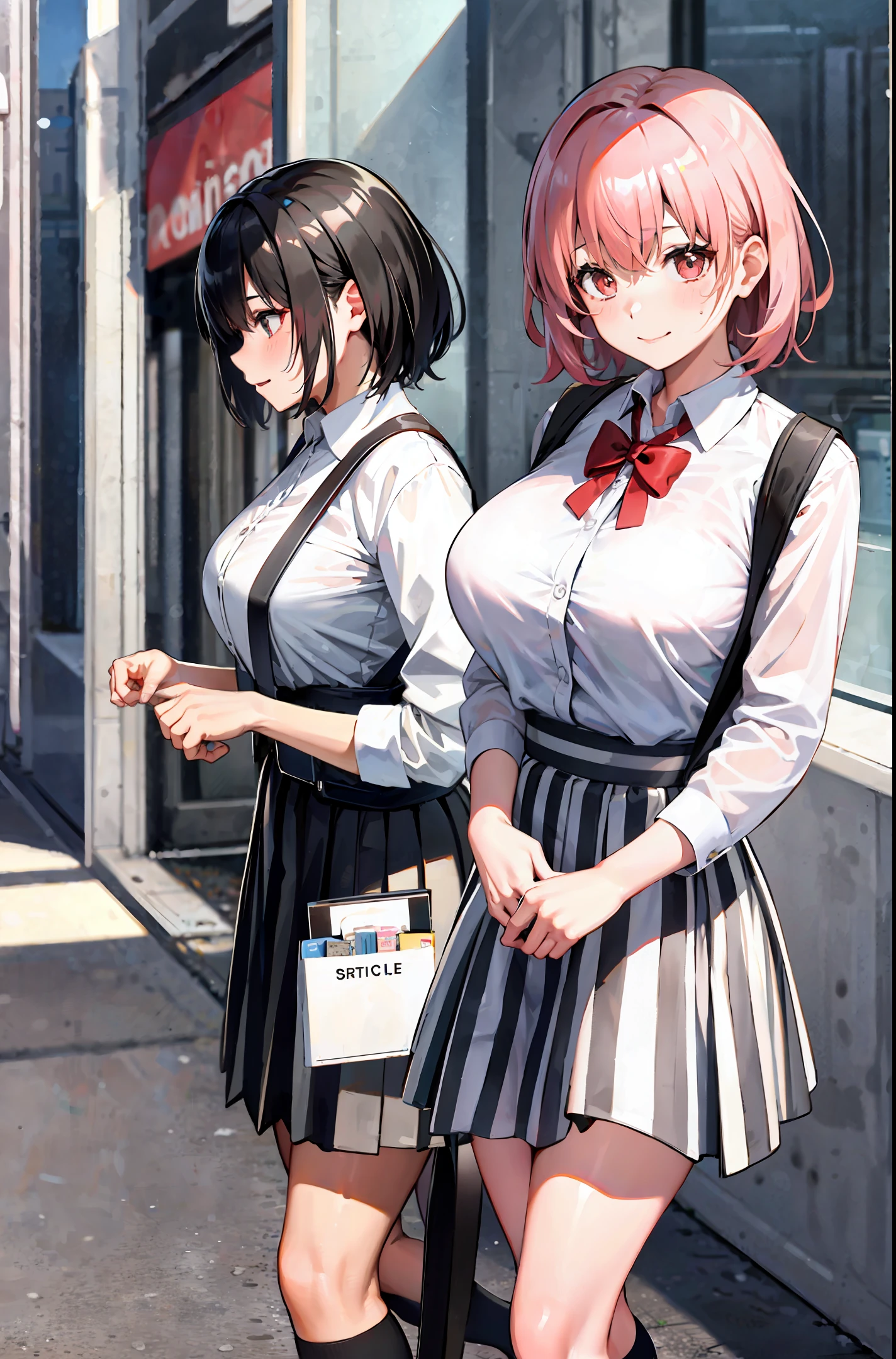 Photo, Girl, high schooler, skirt, white uniform, Chanel hair, pink, Prisilia 3 polka dots in hair, left, with backpack, and striped sock, white shirt, uniform, large breasts, strong thighs, short hair, maximum details perfect girl, smiling. Downstairs view on the street, running, large black and white striped socks. Pointy pink hair, realistic photo, running, maximum quality, look, sexy, realistic, maximum detail, quality.