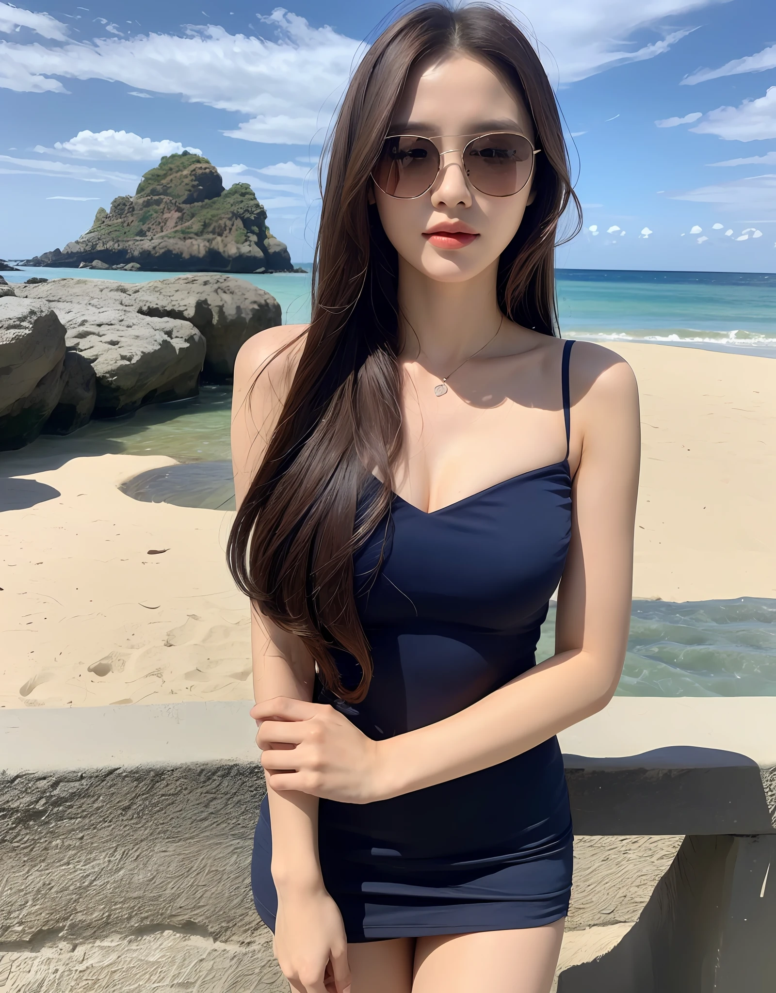 (Daytime, Excellent, 8K, Masterpiece:1.3)), Full body, Long legs, Focal length: 1.2, Perfect Body Beauty: 1.4, Slim Abs: 1.1, ((Dark Brown Hair, Big Breasts: 1.2 )), (Big Red Dress, Standing: 1.2), ((Sea, Blue Sky and White Clouds: 1.3)), Highly detailed facial and skin texture, Detailed eyes, Double eyelids, Flying long hair, wearing sunglasses