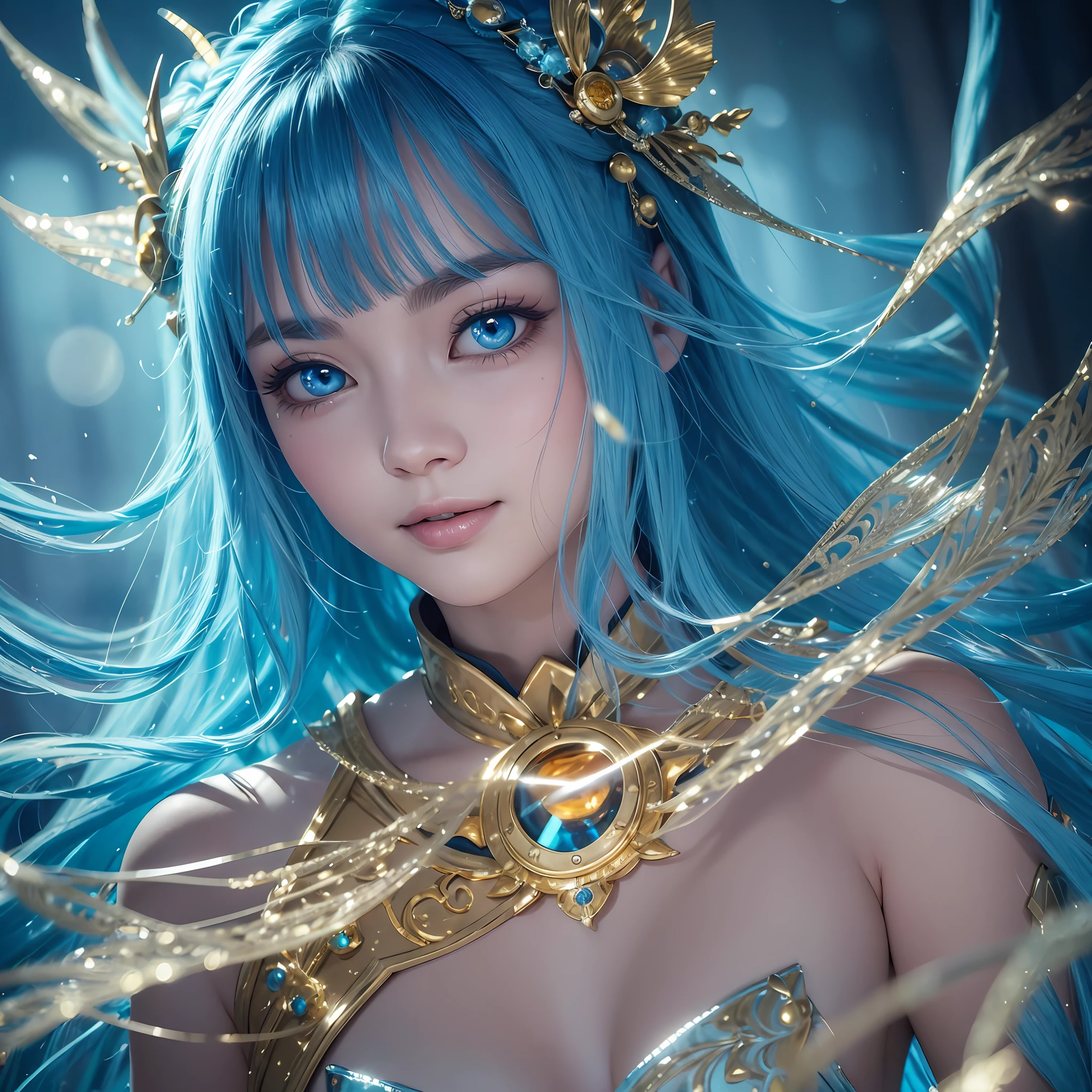 26 year old person, fish hair ornament, bright eyes, sparkling pupils, amber eyes, big eyes, thin face, outlined face, outlined lips, extremely detailed mouth, dynamic angles, laughing with eyes closed, laughing with closed mouth, princess outfit, clothing with gold and blue details, high detail, Surrealism, hyperrealism, ray tracing, depth of field, cinematic lighting, reflective light, bright light, film grain, close-up, panorama, 16k, masterpiece, super detail, a people living underwater, blue hair, very long hair, close mouth, smile face, full armor, full outfit with gold and blue details