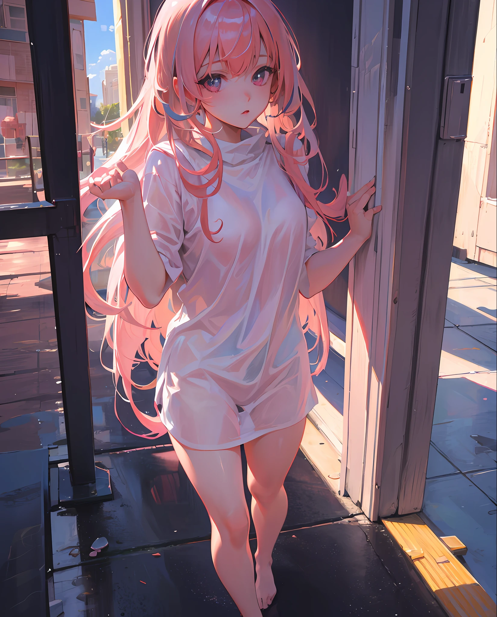 Best quality, masterpiece, ultra high res, (photorealistic:1.4), raw photo, 1girl, pink hair, shiny skin, dramatic lighting, girl, nude