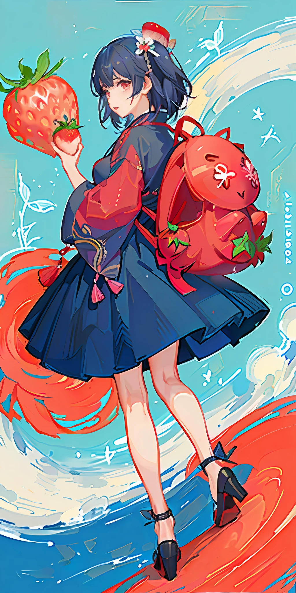 there is a woman in a red dress holding two large strawberries, japanese pop surrealism, araki nobuyoshi, japanese popsurrealism, holding a giant strawberry, wearing strawberry backpack,