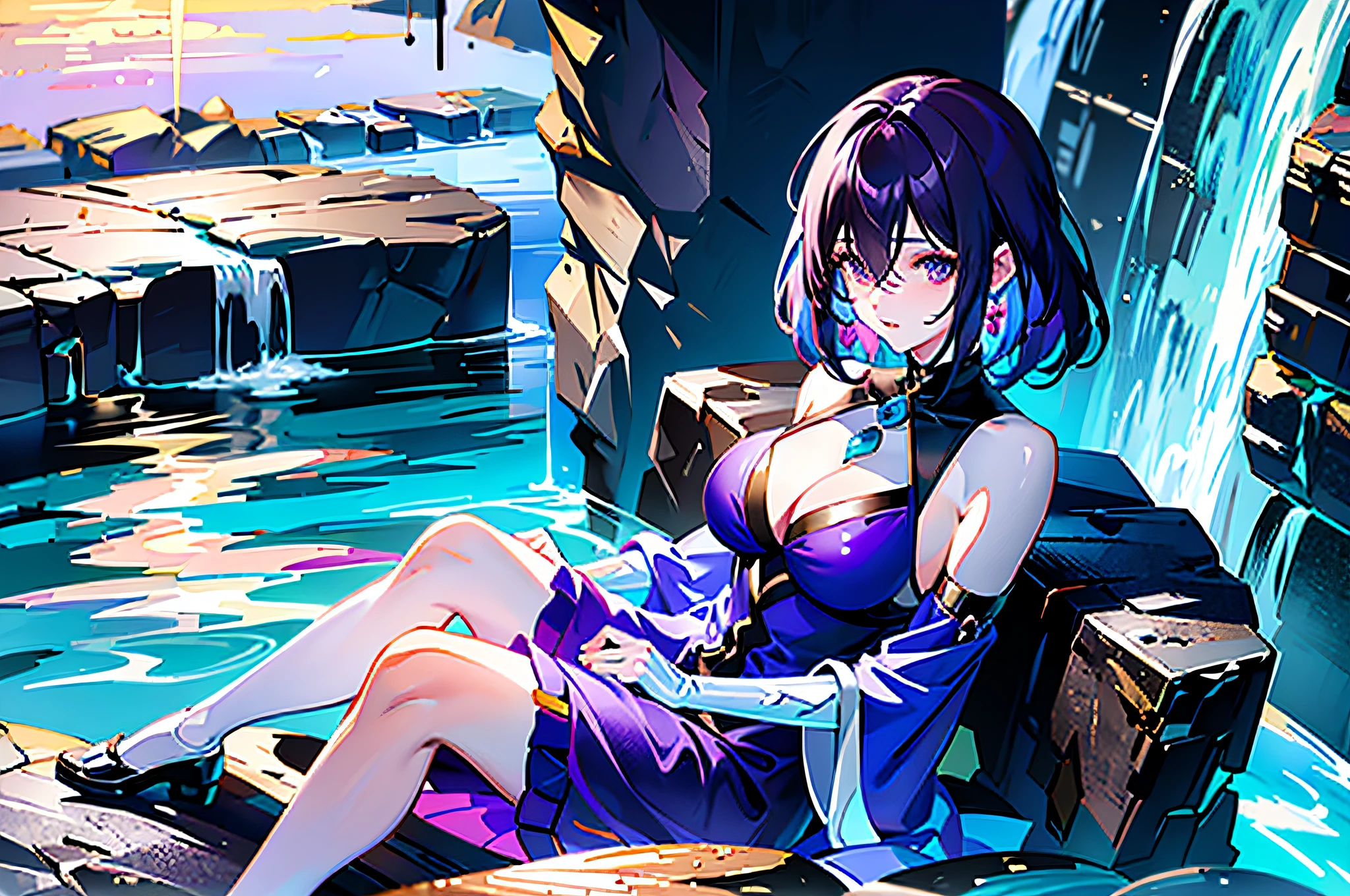 anime girl sitting on a rock near a waterfall with a purple dress, anime goddess, marin kitagawa fanart, seductive anime girl, [ 4 k digital art ]!!, smooth anime cg art, extremely detailed artgerm, beautiful alluring anime woman, highly detailed exquisite fanart, made with anime painter studio, by Shitao, beautiful anime girl