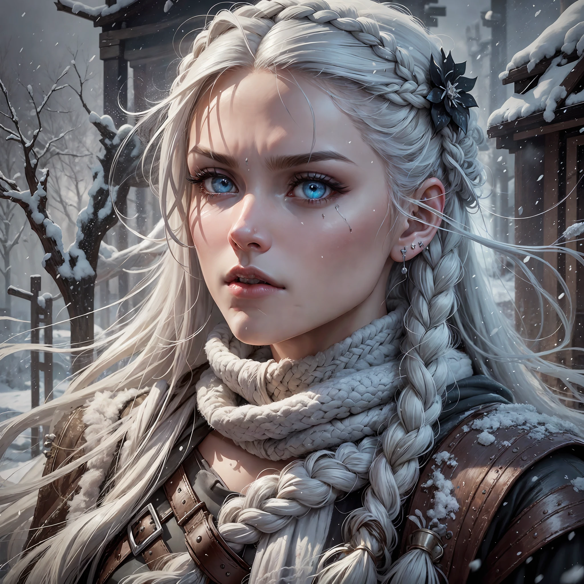 person with a sword and a scarf all detailed with snowflakes, long hair braided to the waist, hair over the shoulder, long hair, braided hair (viking style), closeup of character art, closed mouth, mother of witches, serious face, serious expression, very white skin, bright white hair, huge hair, loose hair, viking style hair, portrait of a hunter, portrait of female rogue, stunning character art, explorer, epic art of exquisite character, ciri, painted character portrait, cyberpunk shading, white lips, , very light skin almost white, cold clothes, in the background a Nordic ice village, snowstorm in the background, village in the background, frozen fauna and flora, white iris, penetrating eyes, extremely detailed eyes, 2 ear piercing, lip war face paint (black), human ears, half-closed eye, turn pale, heavy breathing, endured face, determined, hair ornament, messy hair, overexposure, cinematic lighting, sparkle, ray tracing, reflection light, backlighting, film grain, UHD, super detail, best quality, textured skin, masterpiece, light battle marks, dusty laundry, dirty snow laundry, worn clothes, dirty laundry with few drops of blood, film granulation, angry look to the right, detailed skin, detailed face, extremely detailed face --auto --s2