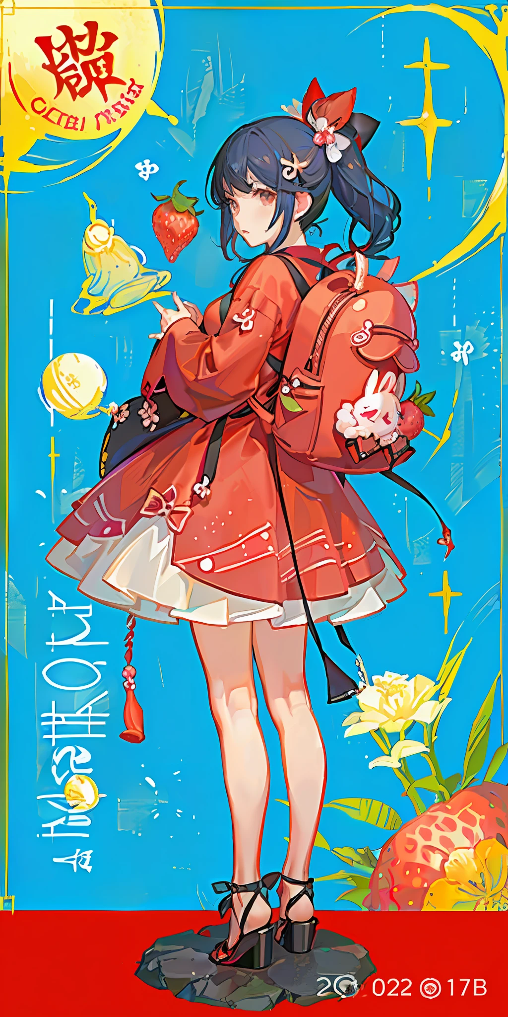 there is a woman in a red dress holding two large strawberries, japanese pop surrealism, araki nobuyoshi, japanese popsurrealism, holding a giant strawberry, wearing strawberry backpack,