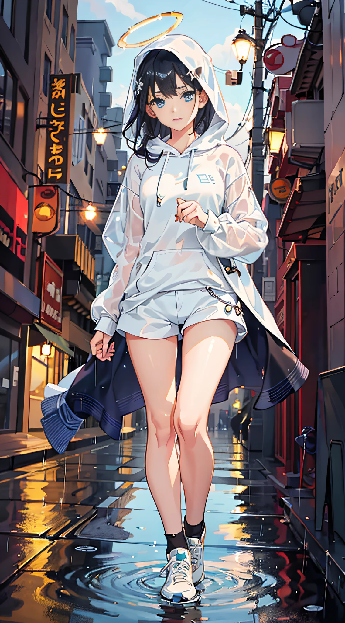 {{Extremely delicate beautiful hands}}, very detailed, masterpiece, super detailed, illustration, {incredibly_absurdres}, rain, 1girl, solo, full body, extremely delicate and beautiful girl, beautiful and detailed eyes, cumulonimbus capillatus, focus_on_face, beautiful and detailed halo, extremely detailed CG Unity 8k wallpaper, bright eyes, beautiful delicate water, autumn, goggles, blue hoodie, blue eyes, black hair, city view, smug, {{{ultra-detail}}}, halo of joy, { {beautiful hands and fingers}}, {{{in the rain}}}, expressionless, shorts, cloudy, socks, sneakers, cross bangs, long hair