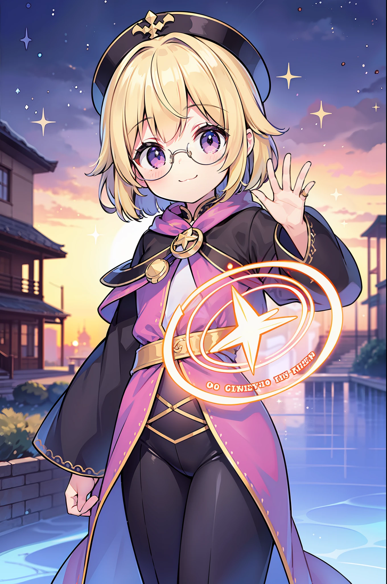 Infant figure, short hair, blonde, light purple eyes, smile,: 3, wizard clothes, glasses, magic circle