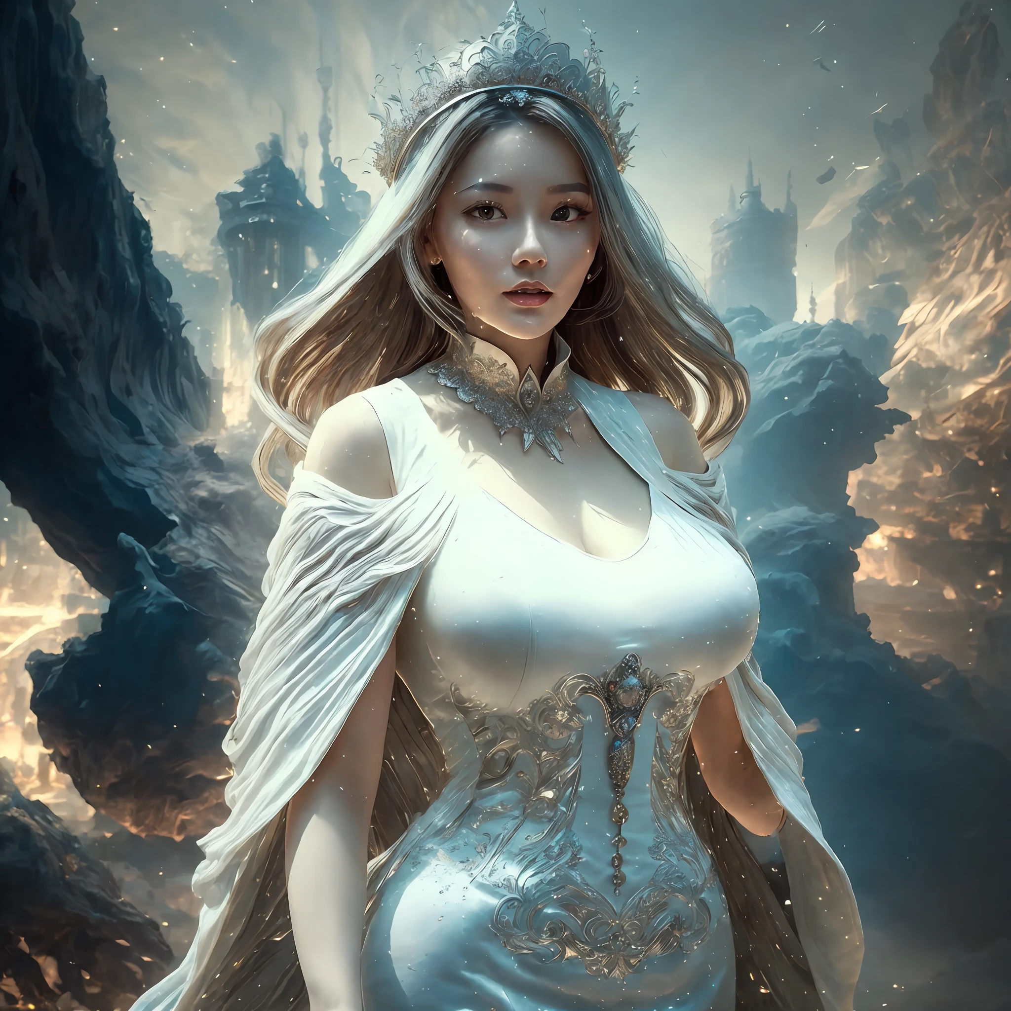 a woman in a silver dress posing for a picture, concept art by Raymond Han, cgsociety contest winner, fantasy art, ((a beautiful fantasy empress)), fantasy dress, a beautiful fantasy empress, karol bak uhd, fantasy gorgeous lighting, fantasy woman, fantasy robe, blonde goddess, style of karol bak, draped in shiny gold and silver, sexy gown