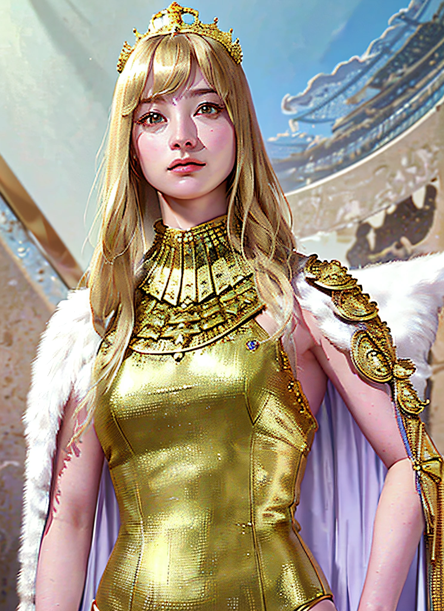 (realistic, portrait), intricate detail, ultra-detailed complex 3d rendering of face in beautiful porcelain profile, (warrior queen armor, fur-lined cape, jeweled crown: 1.2), big, big, sexy swimsuit (micro bikini), (surreal), (high resolution), (high resolution), (8K), (very detailed), (beautiful detailed eyes), (best quality), (ultra detail), Intricate Detail Jewels (Detailed Women's Armor: 2.3), (Gorgeous Gold Armor: 1.3), 1 Girl, Solo, Long Hair, Wind, Gorgeous Face, Top Quality, Masterpiece, Maximum Detail, Diffused Lighting, (Blonde: 1.3), Valhalla Valkyrie, Mechanical Arm, Beauty, Facial Muscles