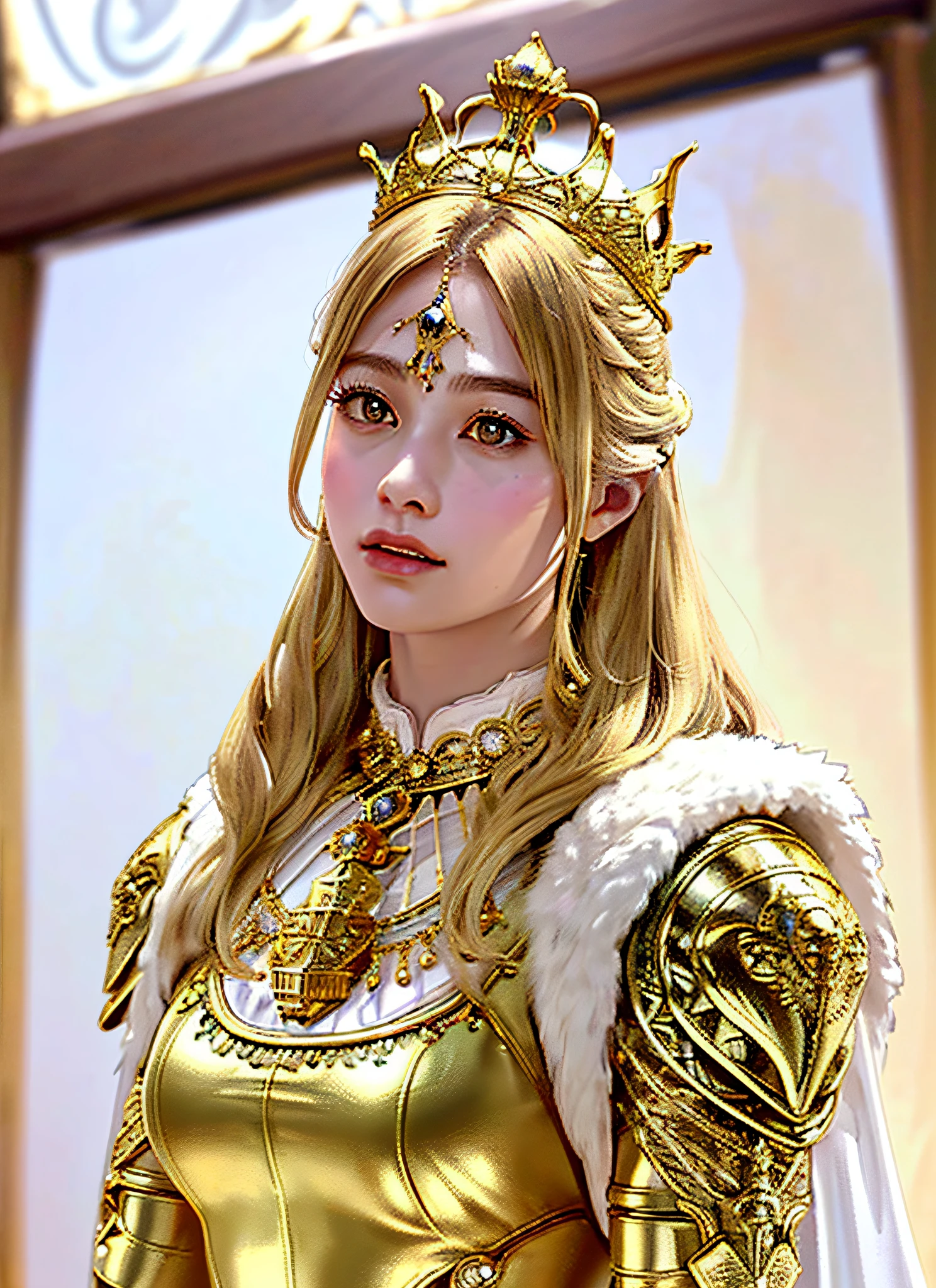 (realistic, portrait), intricate detail, ultra-detailed complex 3d rendering of face in beautiful porcelain profile, (warrior queen armor, fur-lined cape, jeweled crown: 1.2), big, big, sexy swimsuit (micro bikini), (surreal), (high resolution), (high resolution), (8K), (very detailed), (beautiful detailed eyes), (best quality), (ultra detail), Intricate Detail Jewels (Detailed Women's Armor: 2.3), (Gorgeous Gold Armor: 1.3), 1 Girl, Solo, Long Hair, Wind, Gorgeous Face, Top Quality, Masterpiece, Maximum Detail, Diffused Lighting, (Blonde: 1.3), Valhalla Valkyrie, Mechanical Arm, Beauty, Facial Muscles