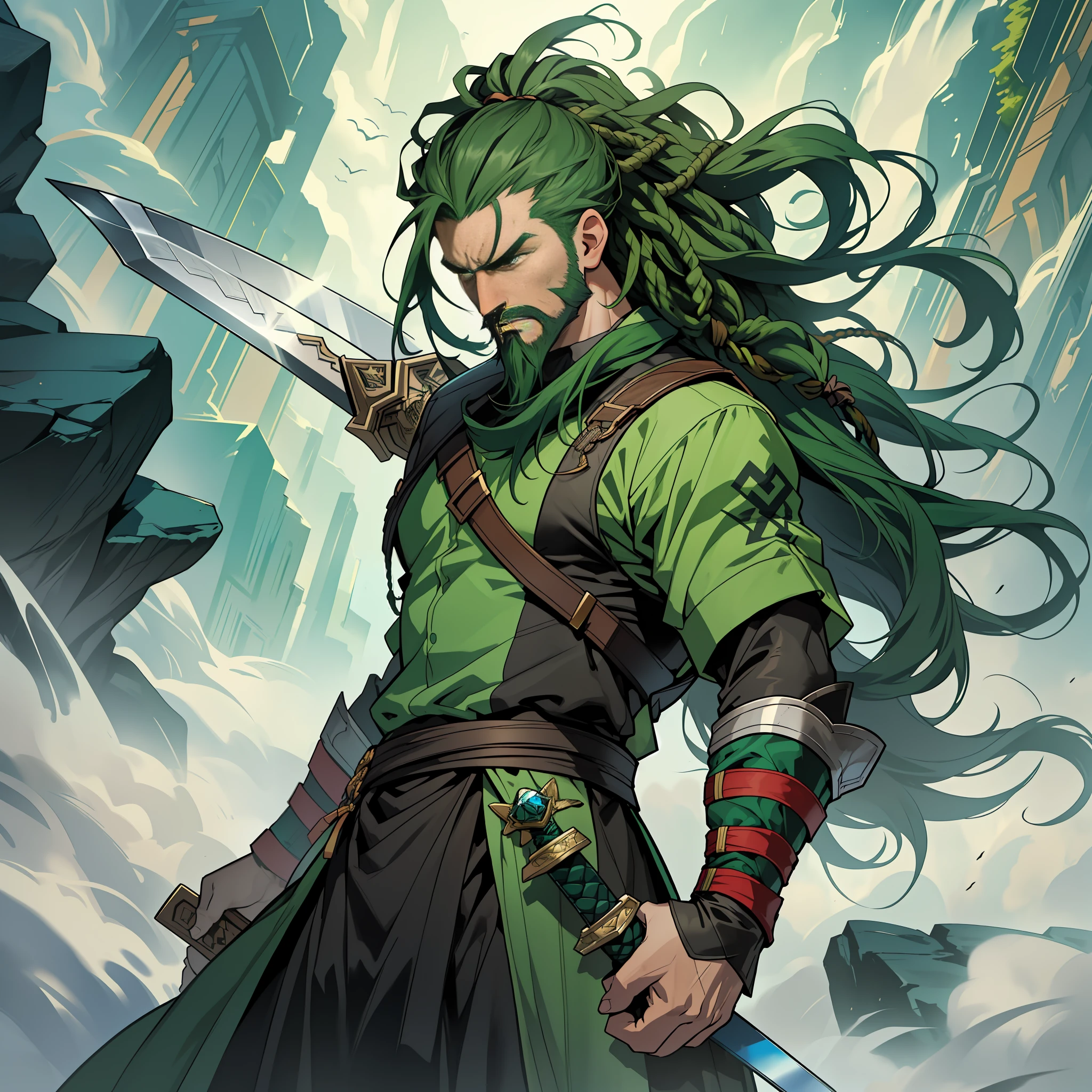 (A man who was 23 years old with a beard:1.2) (drew the sword from its scabbard:1,3), ready to start a fight. (His eyes were large and green), and (his hair in green dreads swayed in the wind) (his skin is dark) He emanated a powerful aura, with an angry expression as if he was about to kill someone. The scenery he was in was stunning, with vivid and realistic colors, all in 4K, as if it were a movie production. He had no physical defects, no extra finger, extra foot, extra hand, extra arm, or extra leg. The sword he held was perfect, without any defects either.)