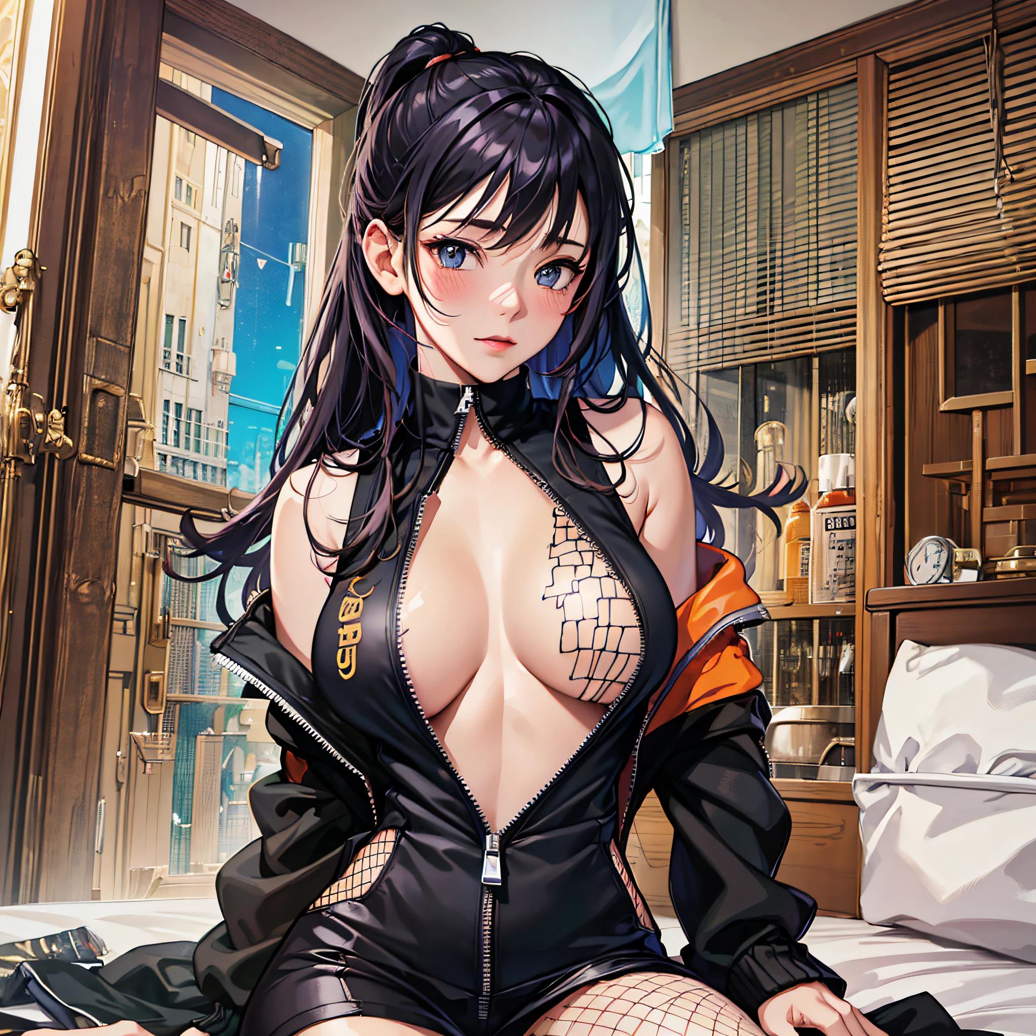 Masterpiece, highres, high Quality, detailed face, detailed body render, 1girl, solo, hyuuga hinata, hinata-sleeveless-outfit, large breasts, big breast, sleeveless shirt, fishnet top, dark lips, unzipped jacket, no bra, breasts out, nipple, standing, blushes, (on bedroom) --auto --s2
