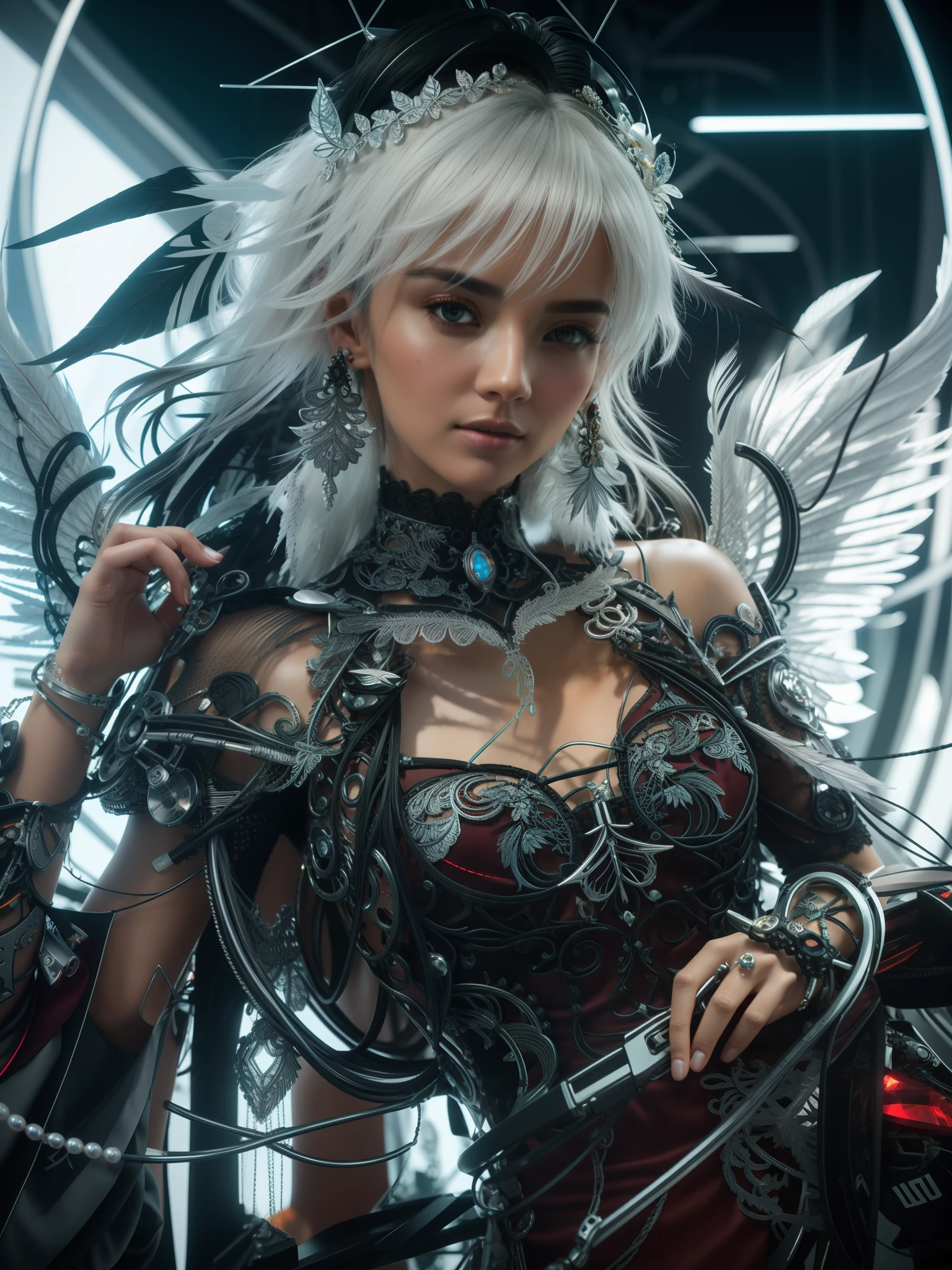 complex 3d render ultra detailed beautiful death angel, biomechanical cyborg, analog 150 mm lens, beautiful natural soft rim light, crystal feathers, roots, fine foliage lace, colorful details, Boris Bidjan Saberi outfit, pearl earrings, piercing, art nouveau fashion embroidered, intricate details, mesh wire, mandelbrot fractal, facial muscles, cable wires, microchip, badass, hyper realistic, ultra detailed, octane render, volumetric lighting, 8k post-production, red and white with a bit of black, detailled metalic bones, semi human, iridescent colors, Glenn Brown style, futuristic room, power of the god, high-angle shot, complex body poses