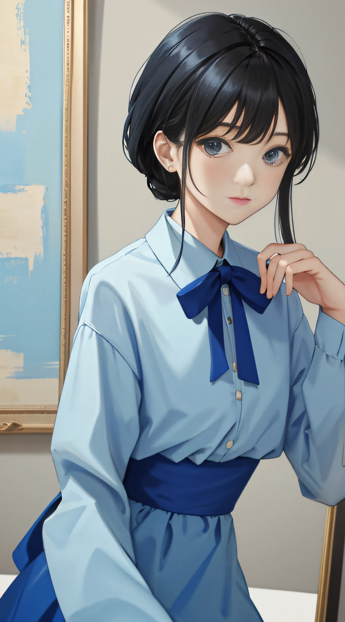 (best quality:1.2), (masterpiece:1.2), looking at viewer, blue theme, beige theme, black hair,