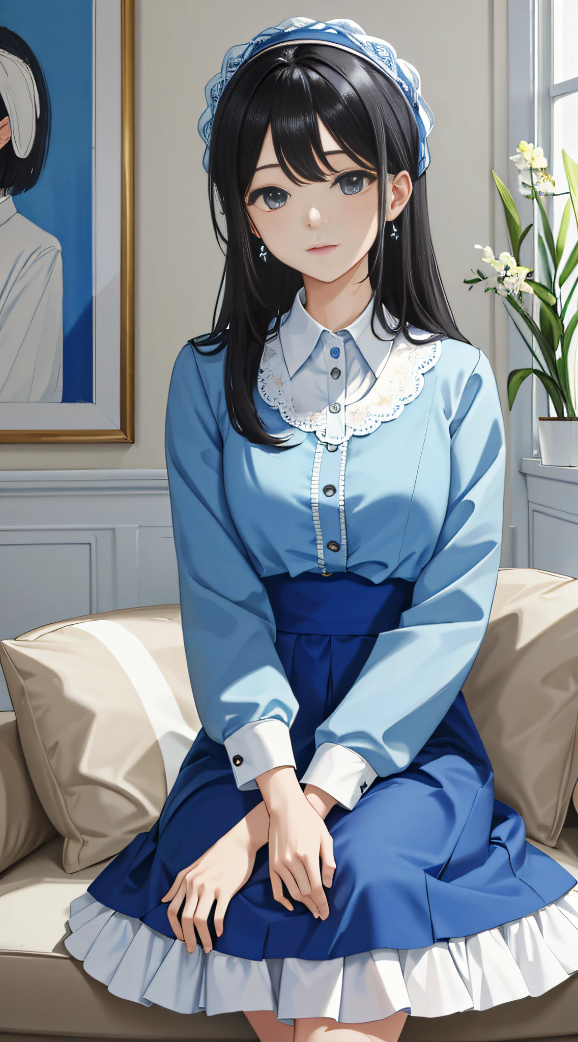 (best quality:1.2), (masterpiece:1.2), looking at viewer, blue theme, beige theme, black hair,