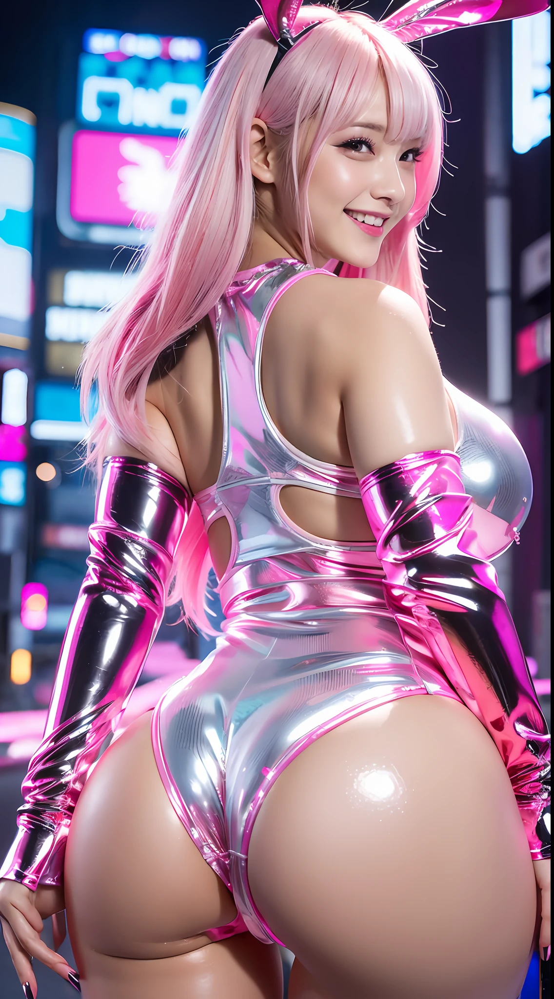 High definition, shiny white and pink bunny girl, smiling, huge breasts, huge ass, 30 year old woman, alone, biting, spreading ass with both hands, showing to viewer, wet ass, long nails, cyberpunk background, detailed crotch, detailed, no clothing, huge ass with realistic texture