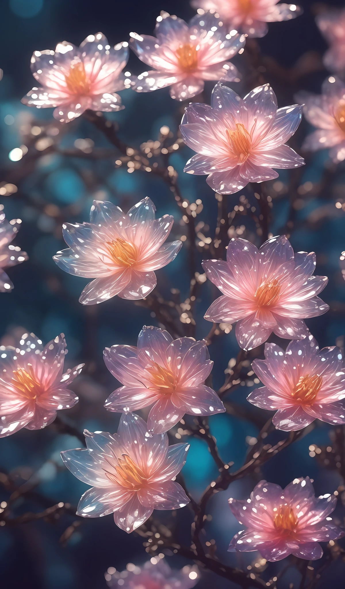 crystal spring blossom,
fantasy, galaxy, transparent, 
shimmering, sparkling, splendid, colorful, 
magical photography, dramatic lighting, photo realism, ultra-detailed, 4k, Depth of field, High-resolution