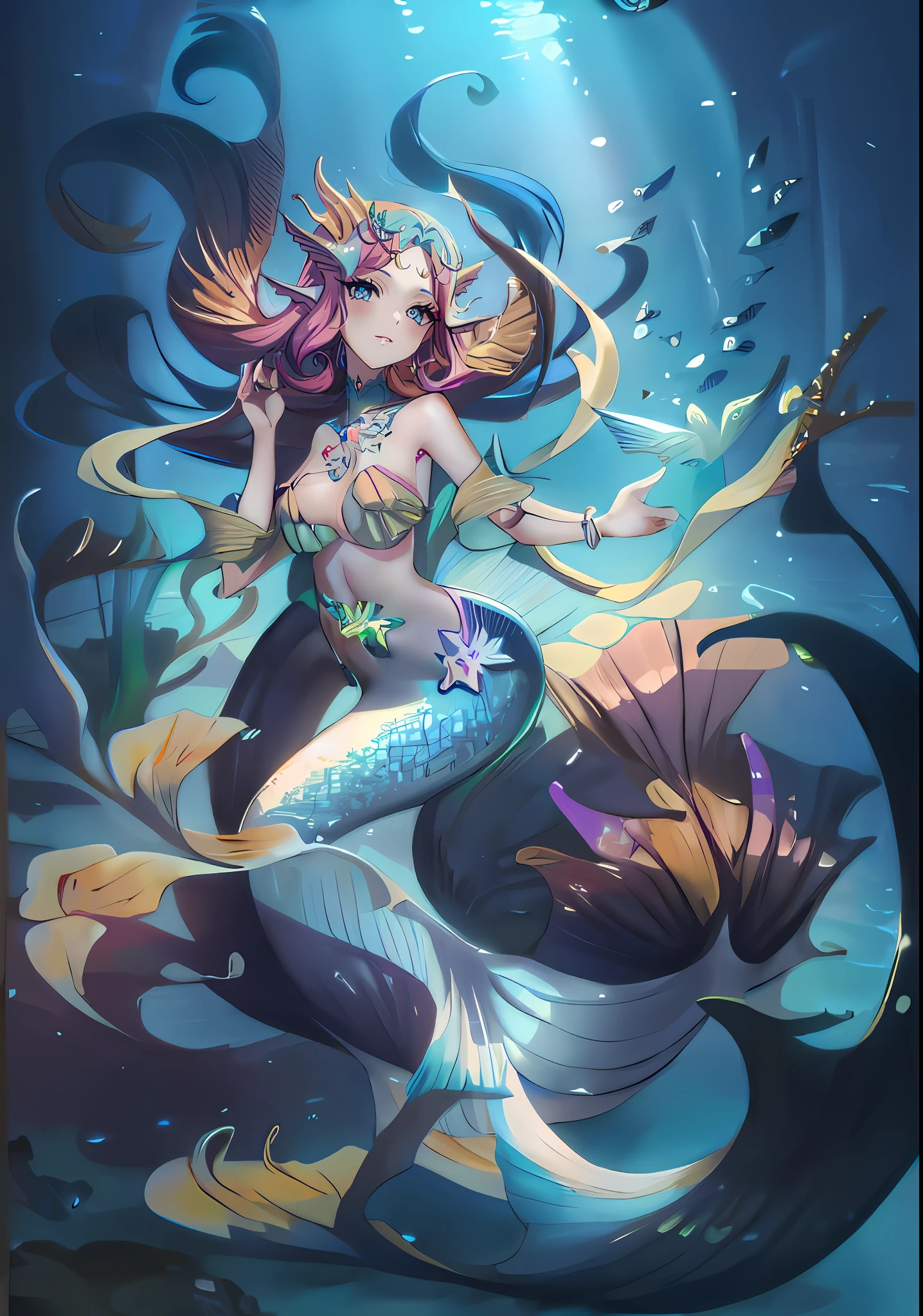 Beautiful mermaids, goddesses of the sea, free play in the deep sea. Fantasy creatures, legendary creatures, game illustrations