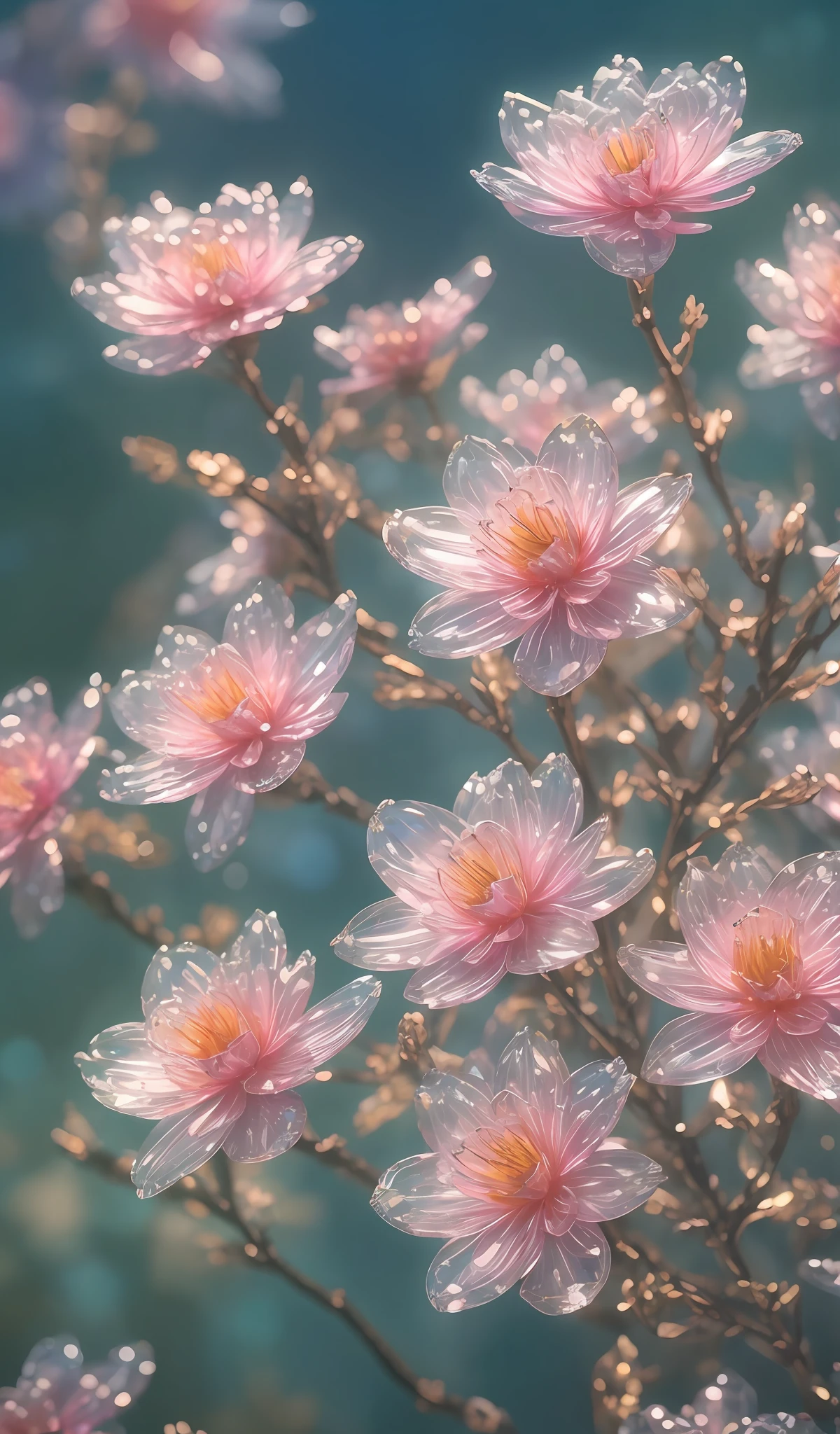 crystal spring blossom,
fantasy, galaxy, transparent, 
shimmering, sparkling, splendid, colorful, 
magical photography, dramatic lighting, photo realism, ultra-detailed, 4k, Depth of field, High-resolution