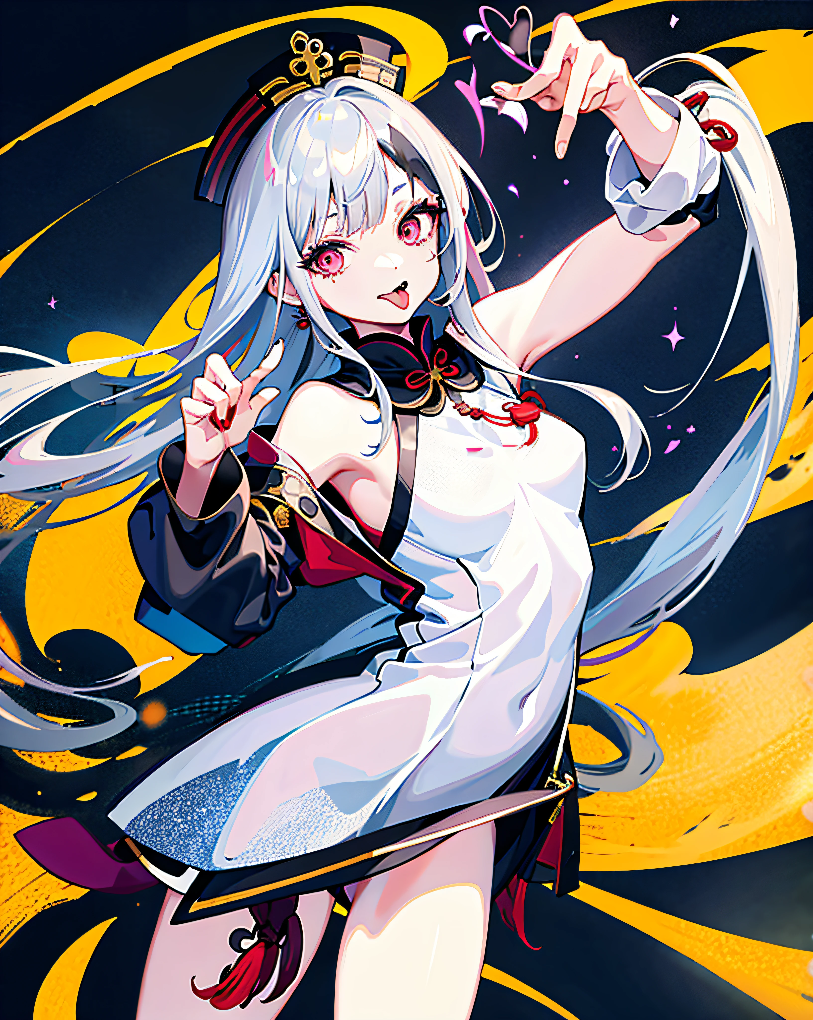 1 girl, big breasts, jiangshi, no underwear, no panties, no bra, expressionless, ((long hair)), dynamic, kung fu pose, gray hair, pale skin, Chinese dress, cowboy shot, tongue sticking out, long tongue, heart-shaped eyes, braids