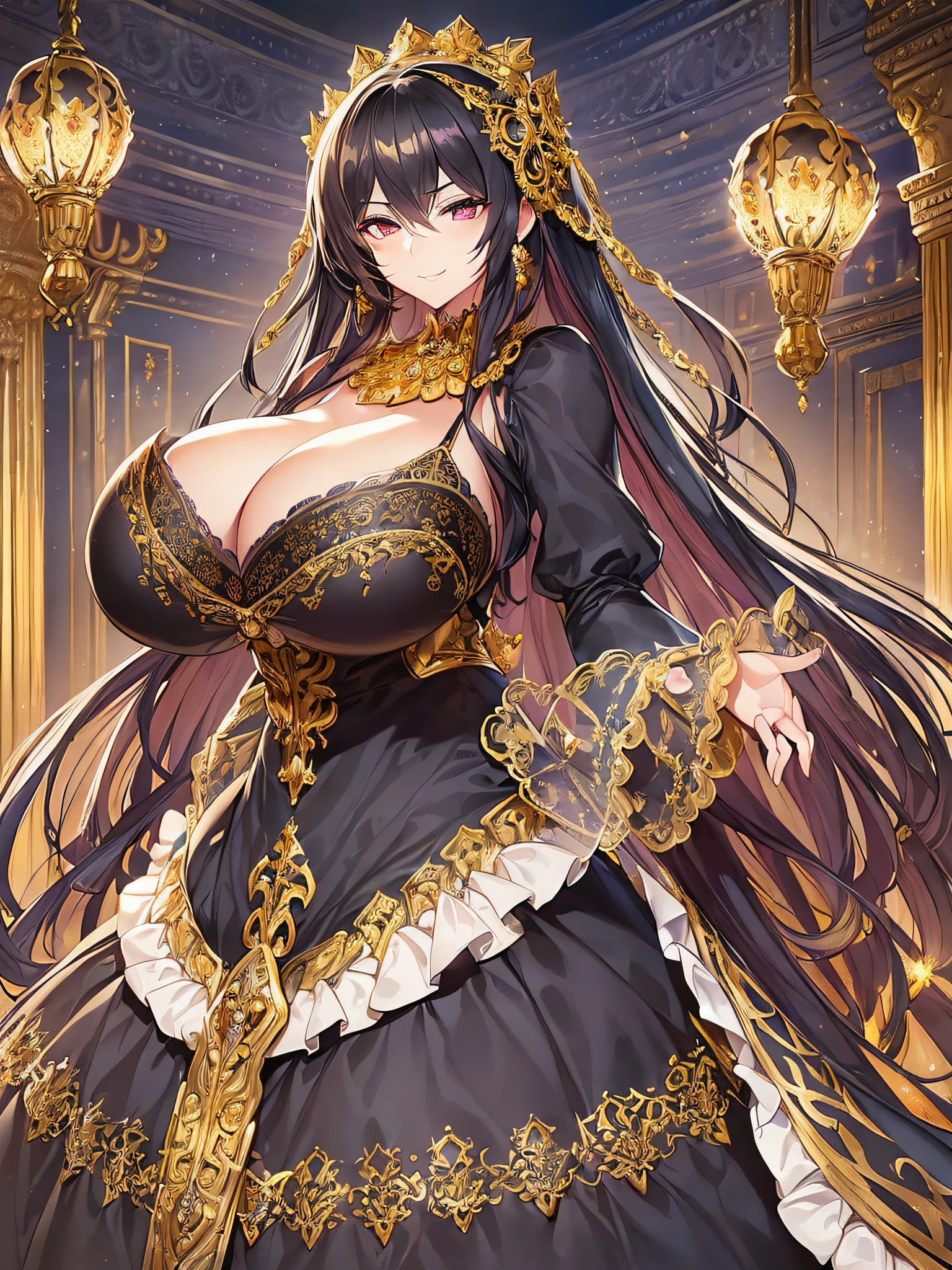 ((anime moe artstyle)),((Masterpiece)), (Best Quality), (Super Detail), Illustration, (((Very Delicate and Beautiful))),Dynamic Angle,Looking at viewer,((((Solo)))),(((Full body))),(((1 arrogant empress wearing gorgeous black ballgown with gigantic breasts))),(standing),dominant pose,(arrogant),((((haughty smile)))),Purple eyes,(Sharp eyes),Detailed Face, Long Eyelashes,Jet Black Hair,Straight Hair,((Very Long Hair)),((Bangs between eyes)),(((gigantic breasts,Huge breasts,Bulging breasts,Long breasts))),cleavage,((skindentation)),curvy,See-through,(((luxurious lace and ruffled black and gold rococo ballgown adorned with abundant jewels and gorgeous embroidery))),(((voluminous black and gold rococo dress with a flared hemline))),(fluffy rococo ball gown with gorgeous embroidery and lace),((gold trim)),((full length hoop skirt)),corset,crinoline,opera gloves,Beautifully Gorgeous jeweled big tiara,Beautifully Gorgeous gem earrings,Beautifully Gorgeous jeweled necklace,Beautifully Gorgeous jeweled ornaments,indoor,light particles,royal palace,