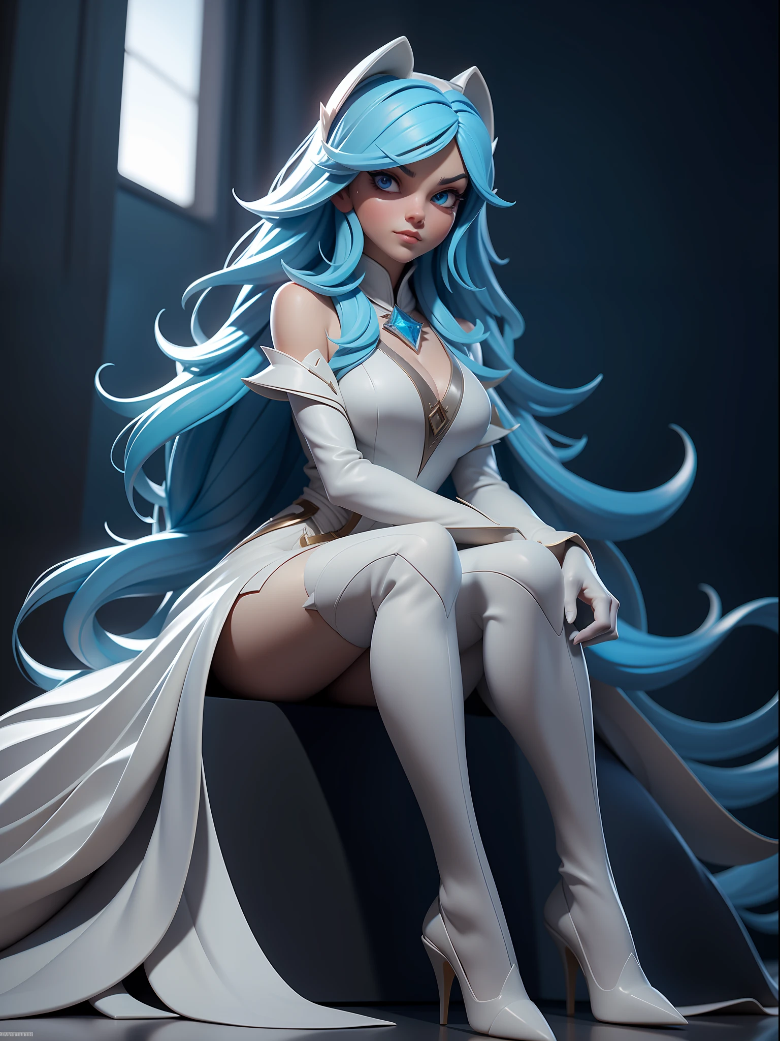 1girl, long hair, solo, blue hair, pointy ears, dress, sitting, snowflakes, very long hair, crystal, white dress, breasts, high heels, Гипердетализированный, ArtStation, CGsociety, 8K, Сюрреалист, Zbrush, Unreal Engine 5, Яркие цвета, Грег Рутковски, Darksynth, Weta Digital, Фокус, Октановый рендеринг, Супер резкий, Кинематографический свет, Высокое качество, Высокое разрешение, Стиль Гладкий цвет Манга Хаяо,Фотореалистично, Высокая детализация, 8K,  трендовая artstation, октановый рендеринг, кинематографическое освещение, 3D-рендеринг, Vray Caustics, объемное освещение, темная атмосфера, угрюмые цвета, чувство благоговения, концепт-арт, рендеринг Unreal Engine 5, кинематографический центральный снимок, гиперреалистичный, ультрадетализированный;