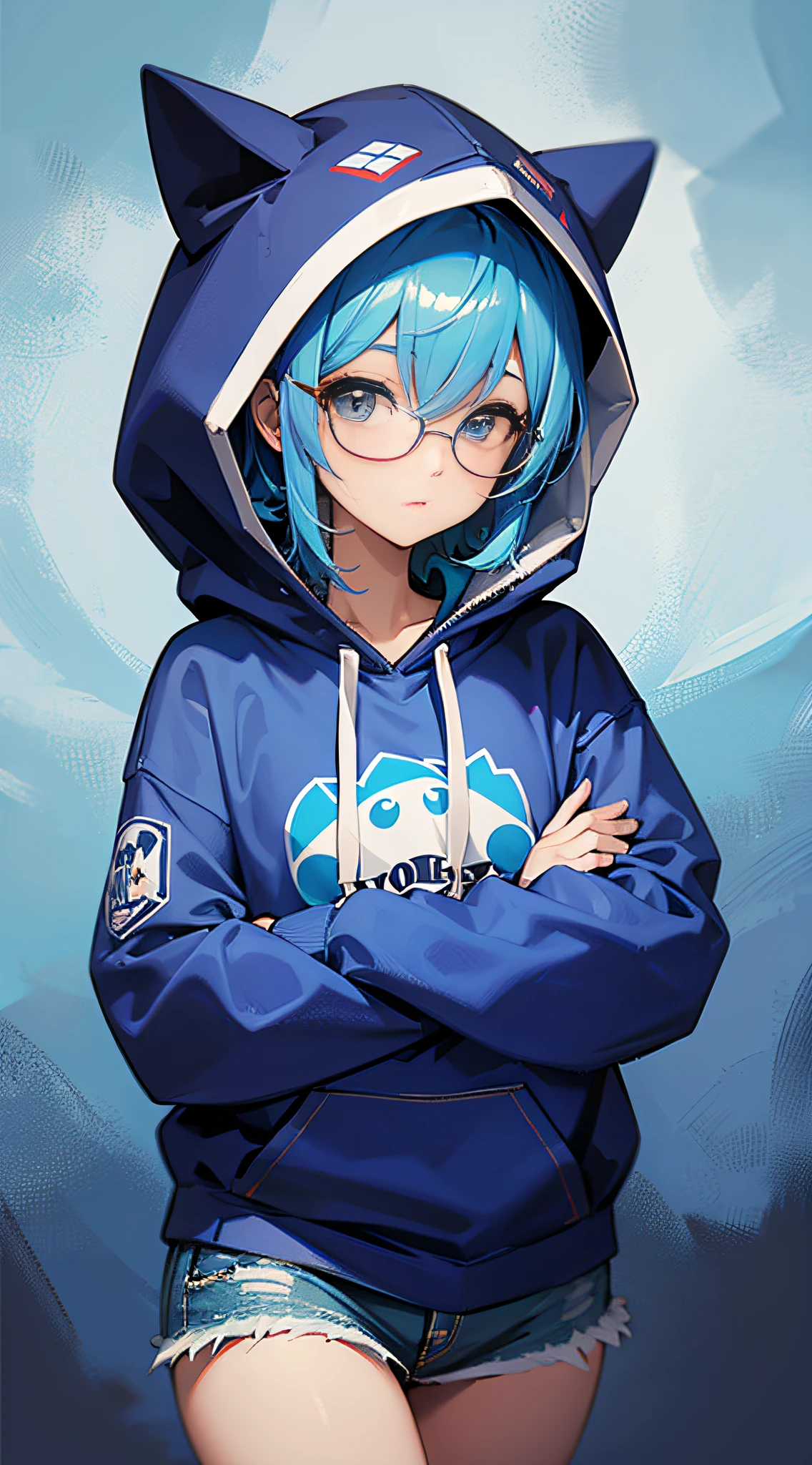 masterpiece, best quality, 1girl, blue hair, medium hair, hoodie, hood up, glasses, jewelry, simple background