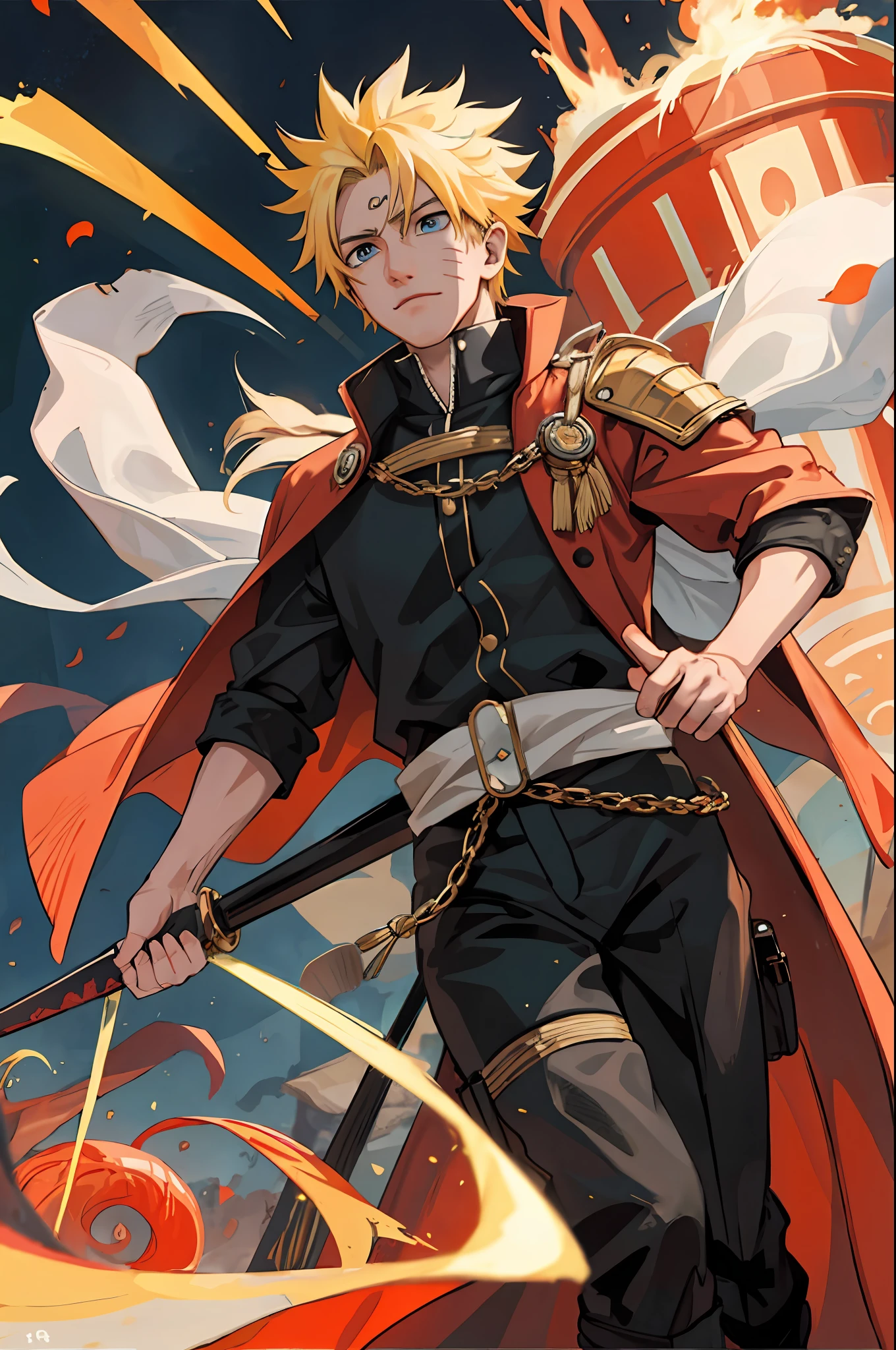 8k, best quality, masterpiece, highly detailed, semi realistic, 1 boy, mature male, 20 years old, yellow hair, short hair, curtain bangs, blue pupils, golden armor, black fluffy pants, golden iron boots, redblack fluffy brimmed cloak, wielding sword, knight, coronation ceremony,War, flames, bloodstains,Lily, petal rain,banner, uzumaki naruto, from front, masculine, tall, handsome