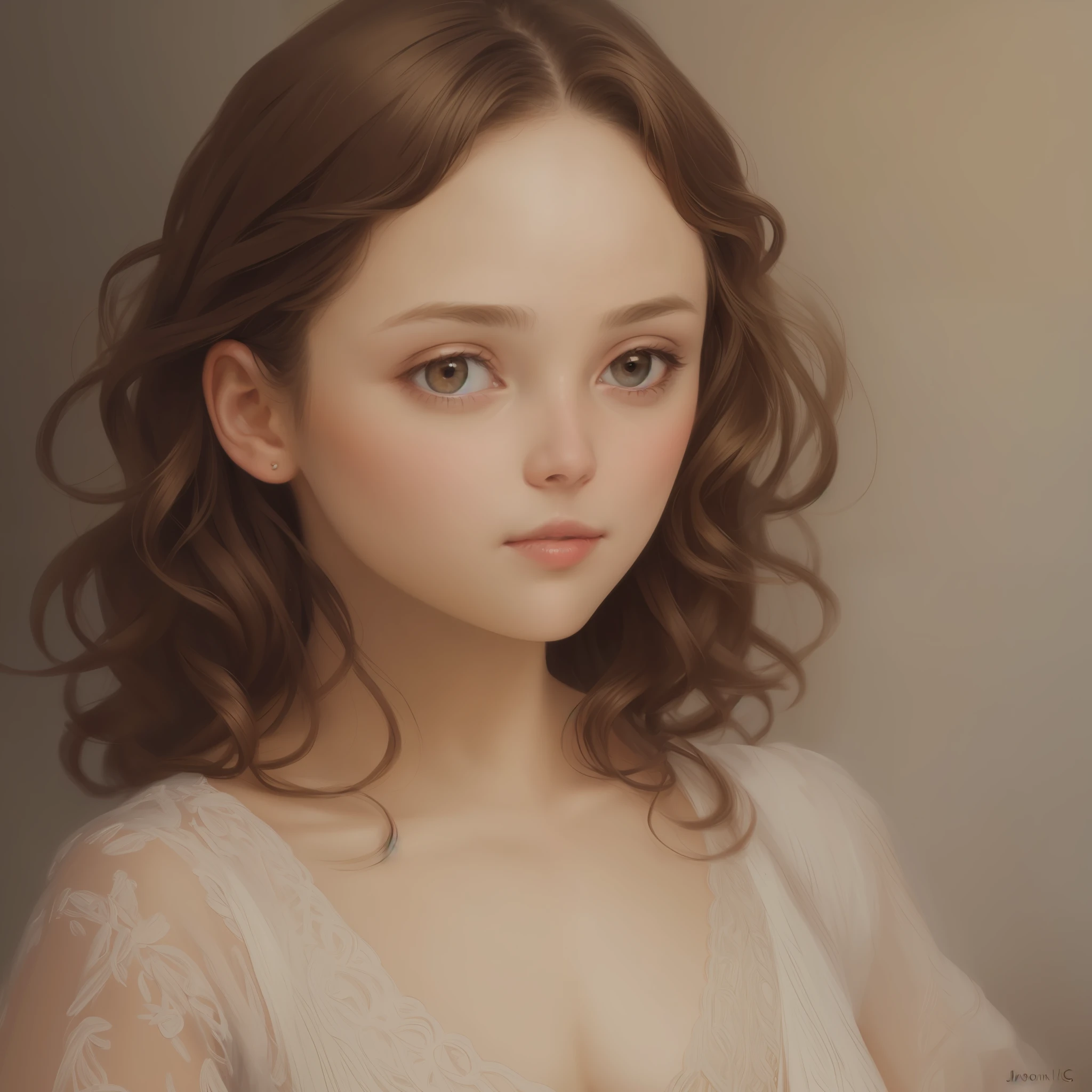 1girl, beautiful teenage girl, very small breasts, short wavy brown hair, portrait, oil painting, modern, realistic proportions, intricate, intricate details, sharp focus