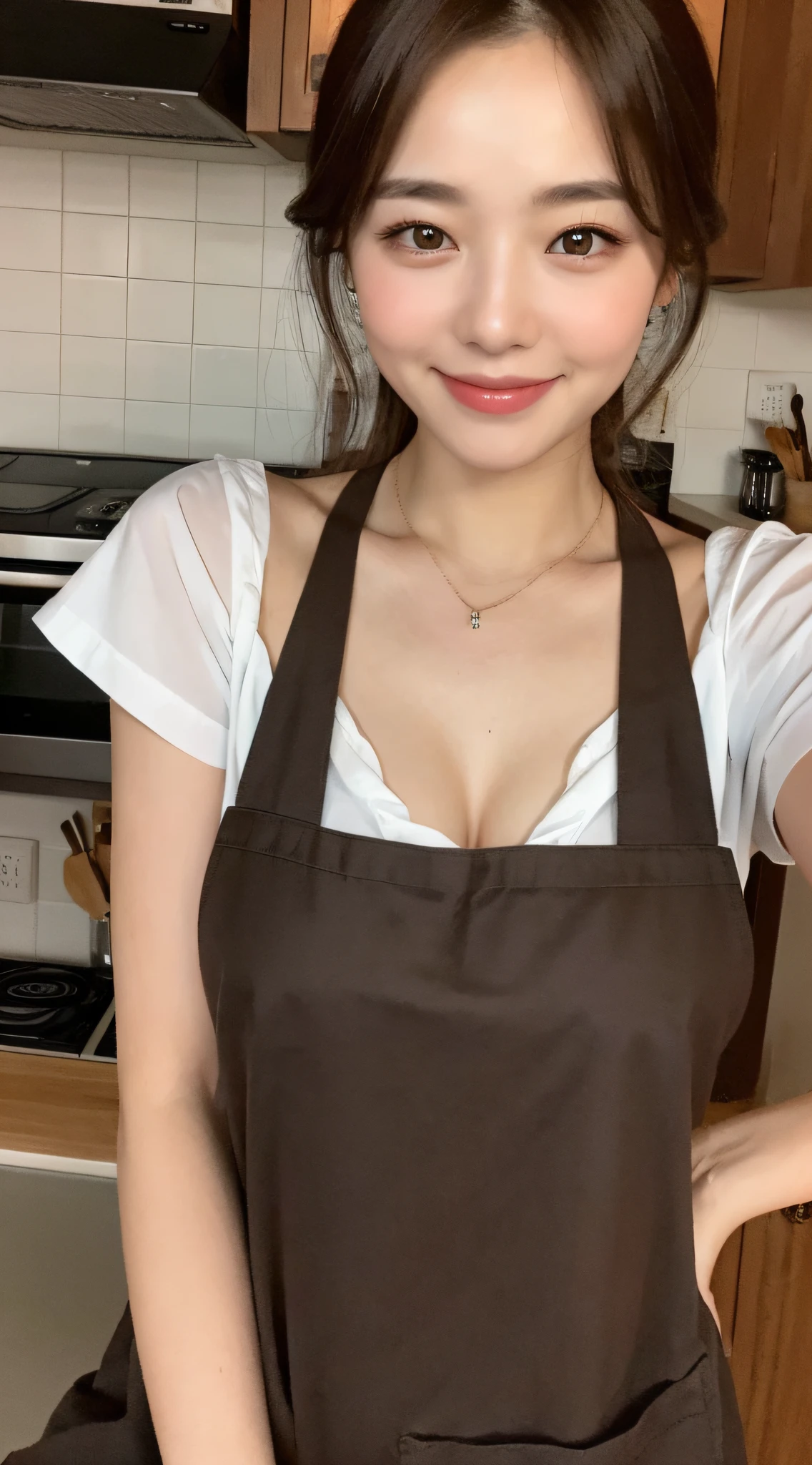 (Best quality, 8k, masterpiece: 1.3), a beautiful woman with perfect figure: 1.4, dark brown hair, wearing a pendant, wearing an apron, in the kitchen, highly detailed face and skin, detailed eyes, double eyelids, big breasts, smile