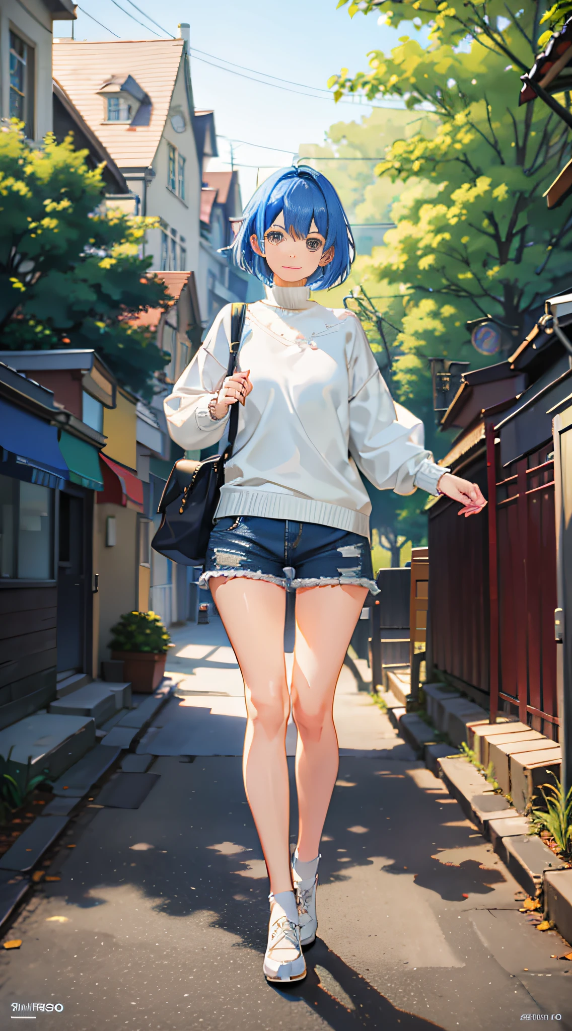 Blue hair short hair look at the scenery smile sweater shorts white shoes masterpiece superb super detailed illustration 1girl solo detail 8k Hagrid