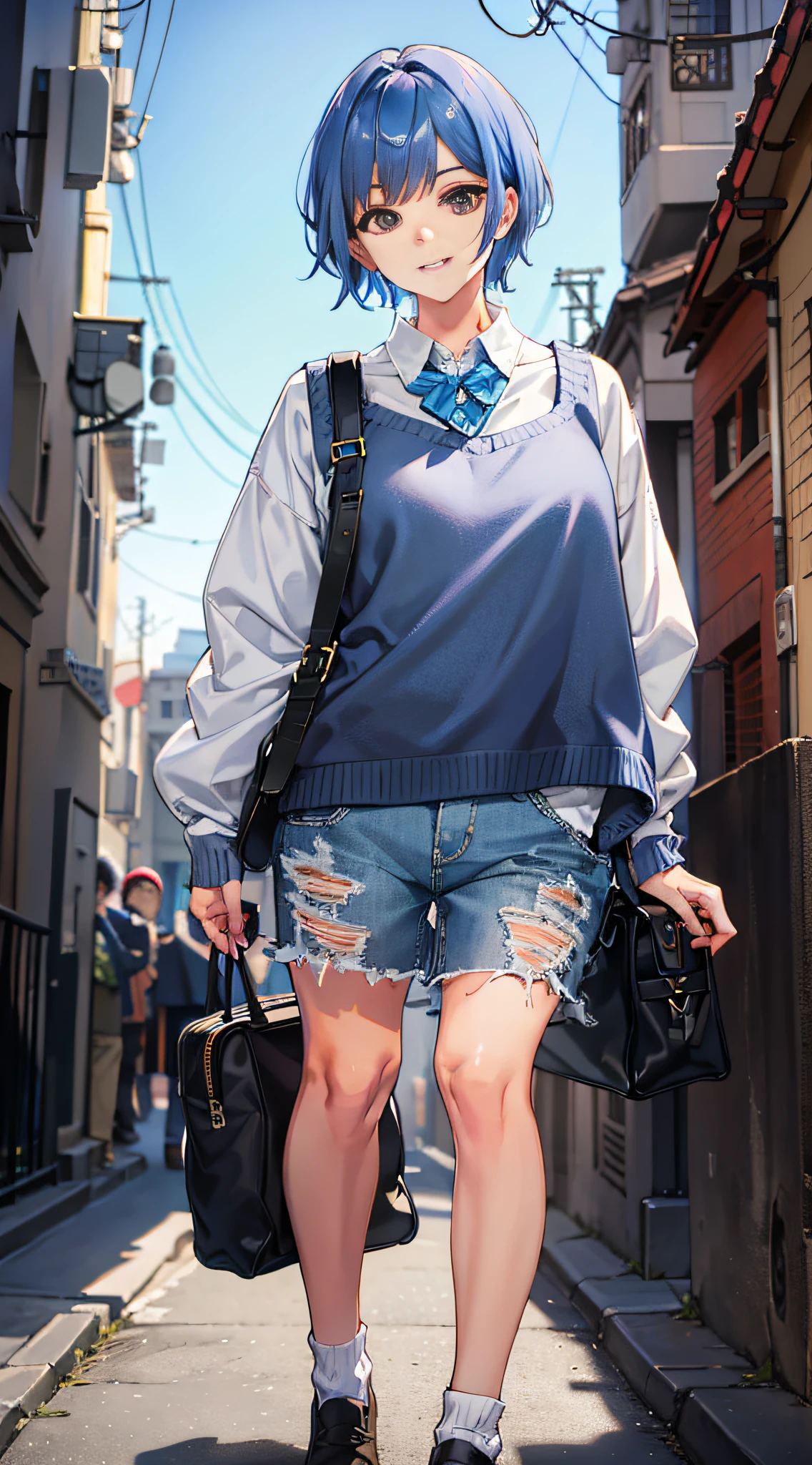 Blue hair short hair look at the scenery smile sweater shorts white shoes masterpiece superb super detailed illustration 1girl solo detail 8k Hagrid