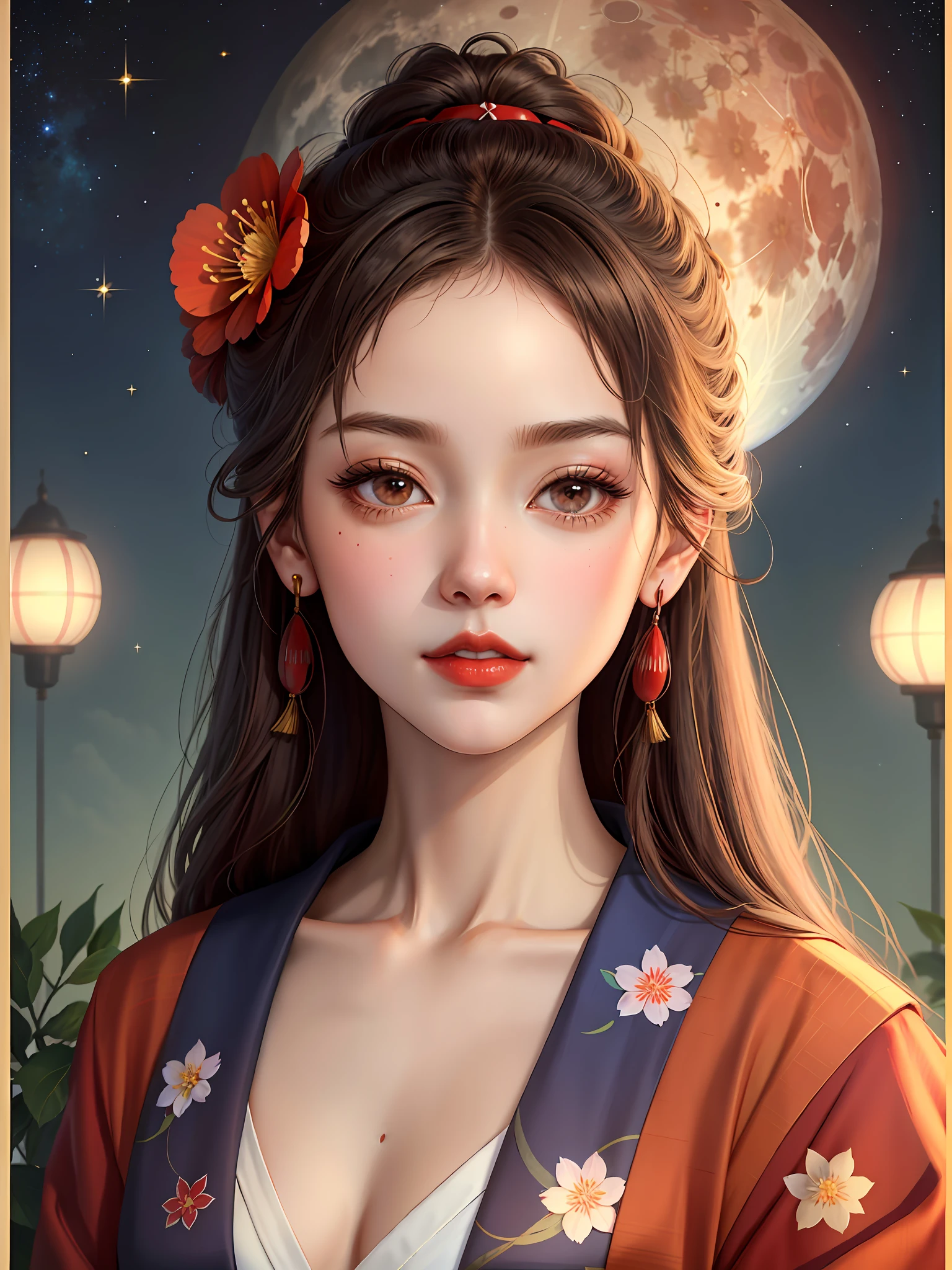 masterpiece,best quality,absurdres,original,extremely delicate and beautiful,beautiful detailed eyes and face,1girl, brown_hair, flower,kimono japanese_clothes, at starrynight, close lip, looking_at_viewer, straight-on, red_flower, solo,red lips,background japanese full moon, at cherry tree, (masterpiece:1.4),(best quality:1.4)