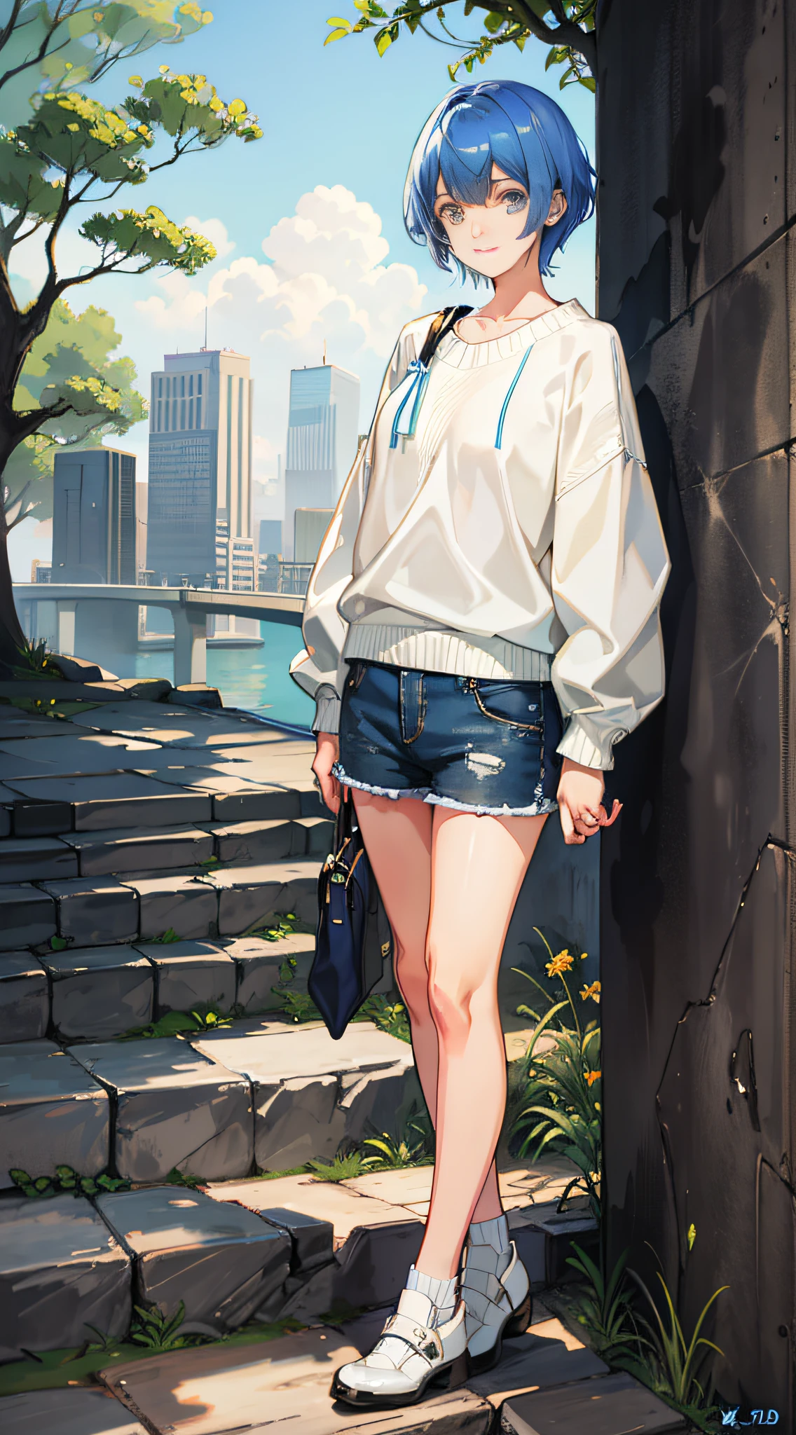 Blue hair short hair look at the scenery smile sweater shorts white shoes masterpiece superb super detailed illustration 1girl solo detail 8k Hagrid