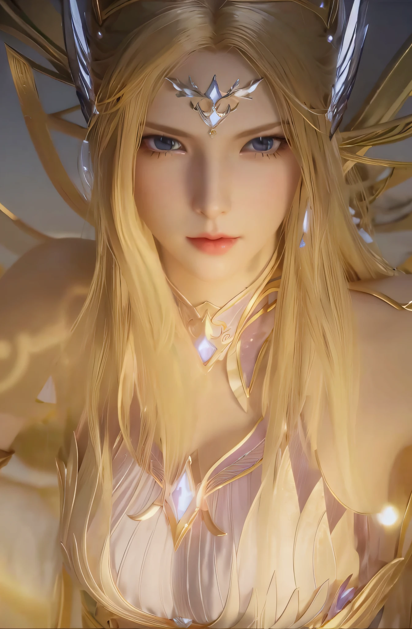 a close up of a woman with a very long blond hair, unreal engine render saint seiya, cinematic goddess close shot, 4 k detail fantasy, unreal engine render + a goddess, a beautiful fantasy empress, beautiful and elegant elf queen, extremely detailed goddess shot, from final fantasy, hyperdetailed fantasy character, final fantasy character, a still of an ethereal