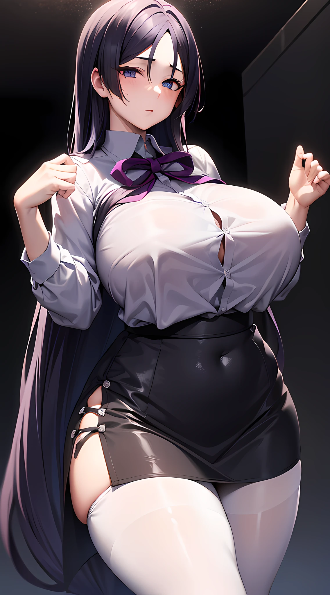 White shirt, long untied hair, pinched eyes, big tits, thick thighs, white panties, black pantyhose, dark purple hip skirt, leather collar