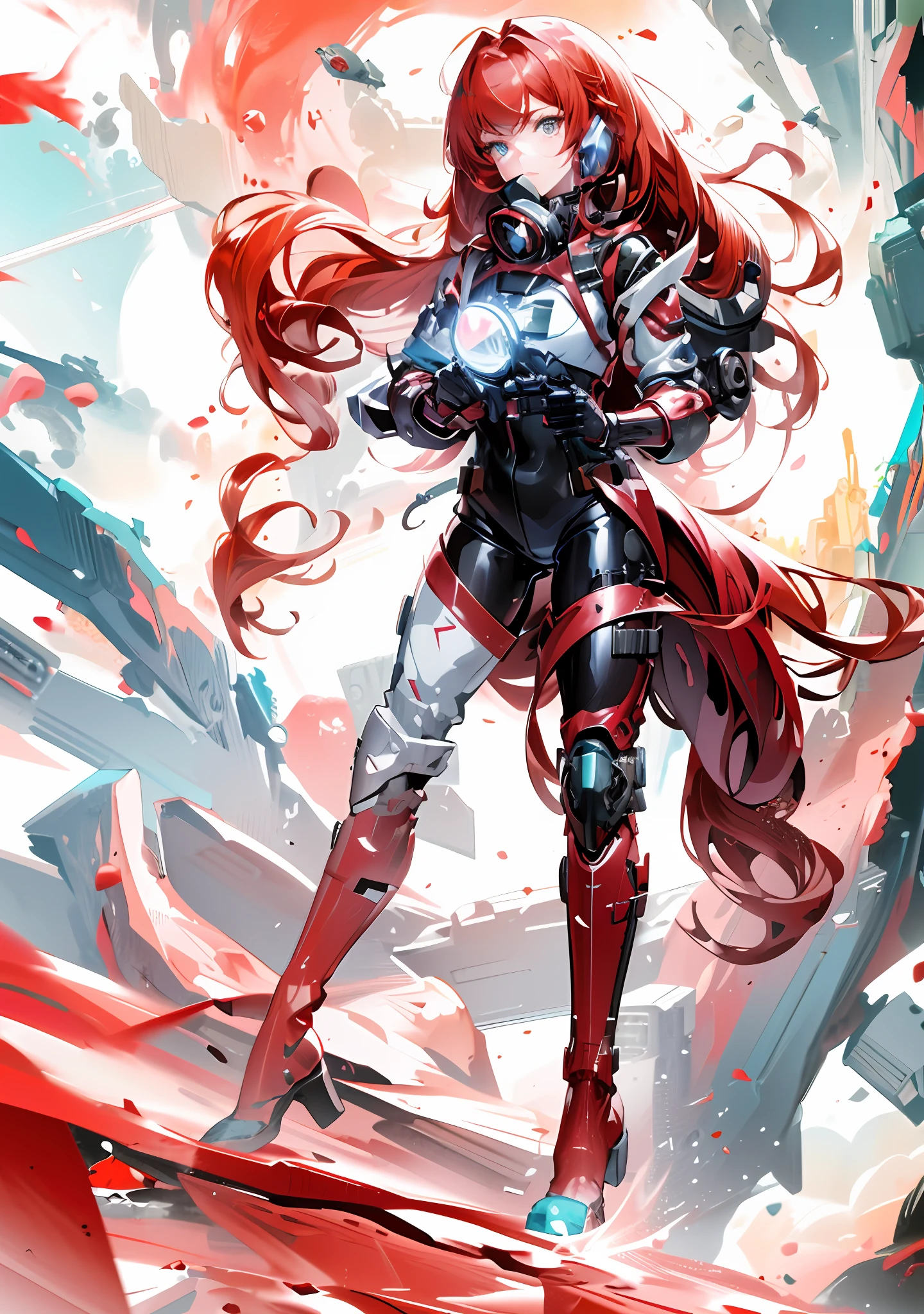 anime - style illustration of a woman with red hair and a gun, girl in mecha cyber armor, redhead female cyberpunk, cushart krenz key art feminine, cyberpunk anime girl mech, lois van baarle and rossdraws, krenz cushart and artgerm, rossdraws cartoon vibrant, epic exquisite character art