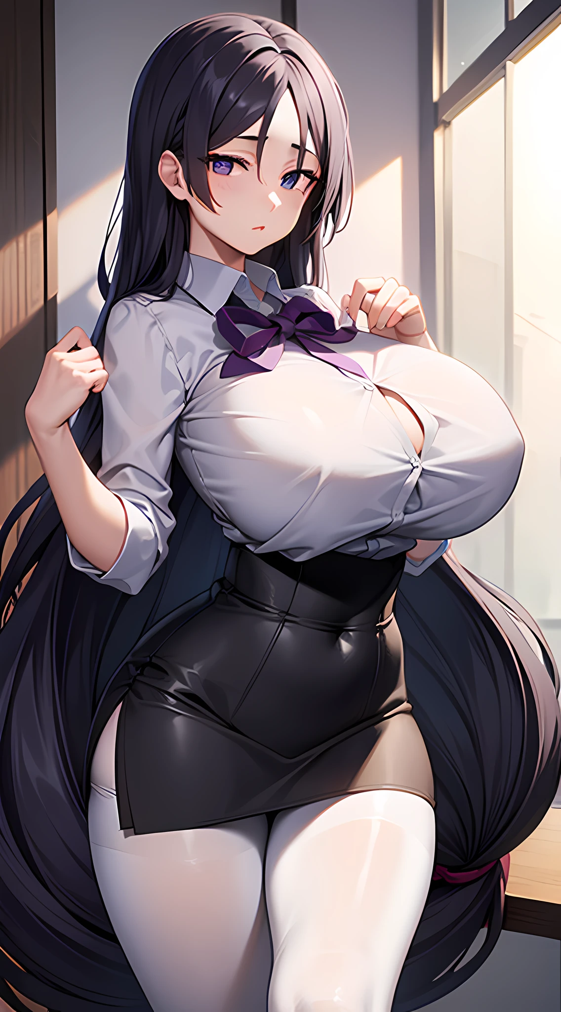 White shirt, long untied hair, pinched eyes, big tits, thick thighs, white panties, black pantyhose, dark purple hip skirt, leather collar