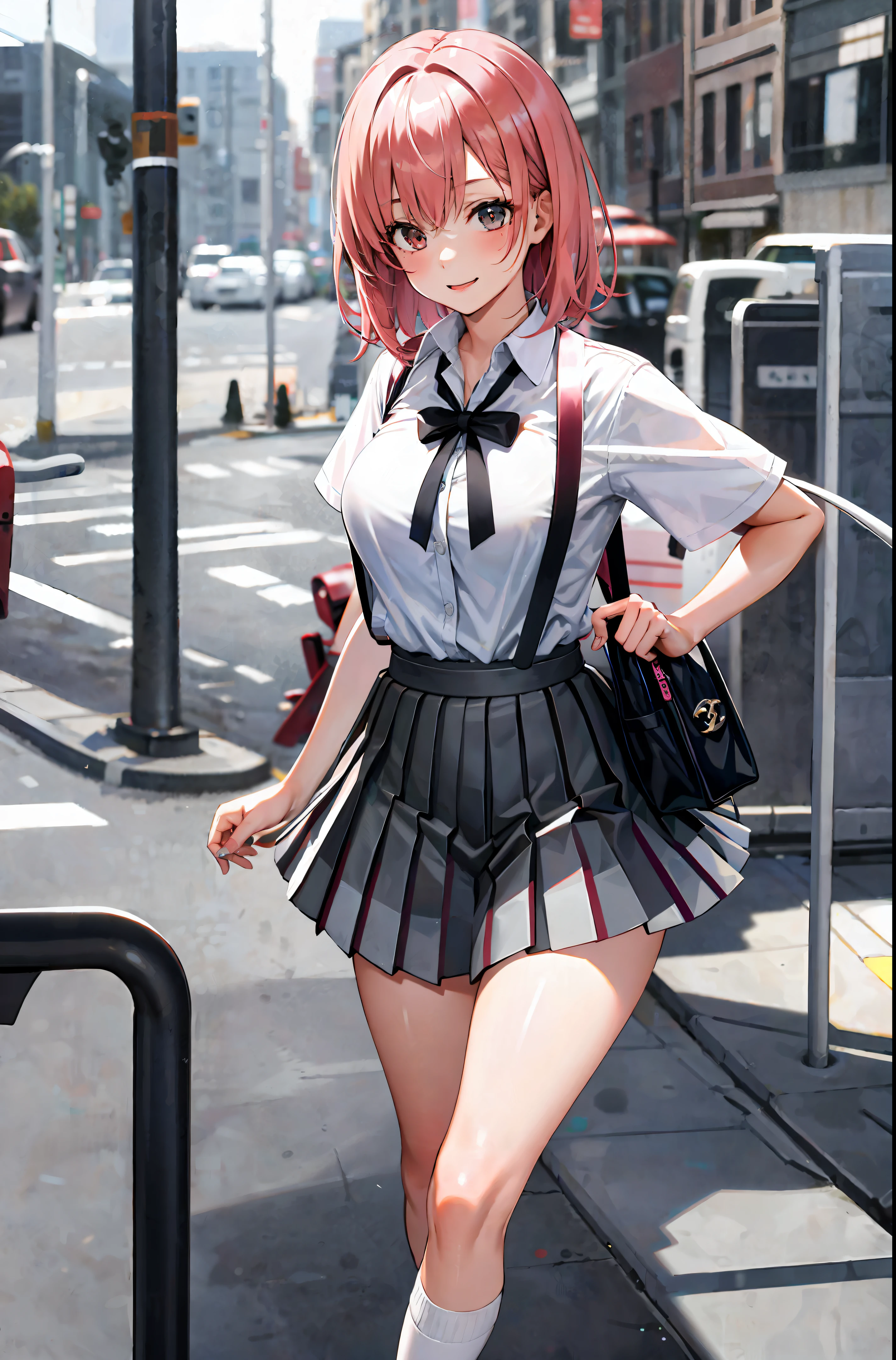 Photo, Girl, high schooler, skirt, white uniform, Chanel hair, pink, Prisilia 3 polka dots in hair, left, with backpack, and striped sock, white shirt, uniform, large breasts, strong thighs, short hair, maximum details perfect girl, smiling. Downstairs view on the street, running, large black and white striped socks. Pointy pink hair, realistic photo, running, maximum quality, look, sexy, realistic, maximum detail, quality.