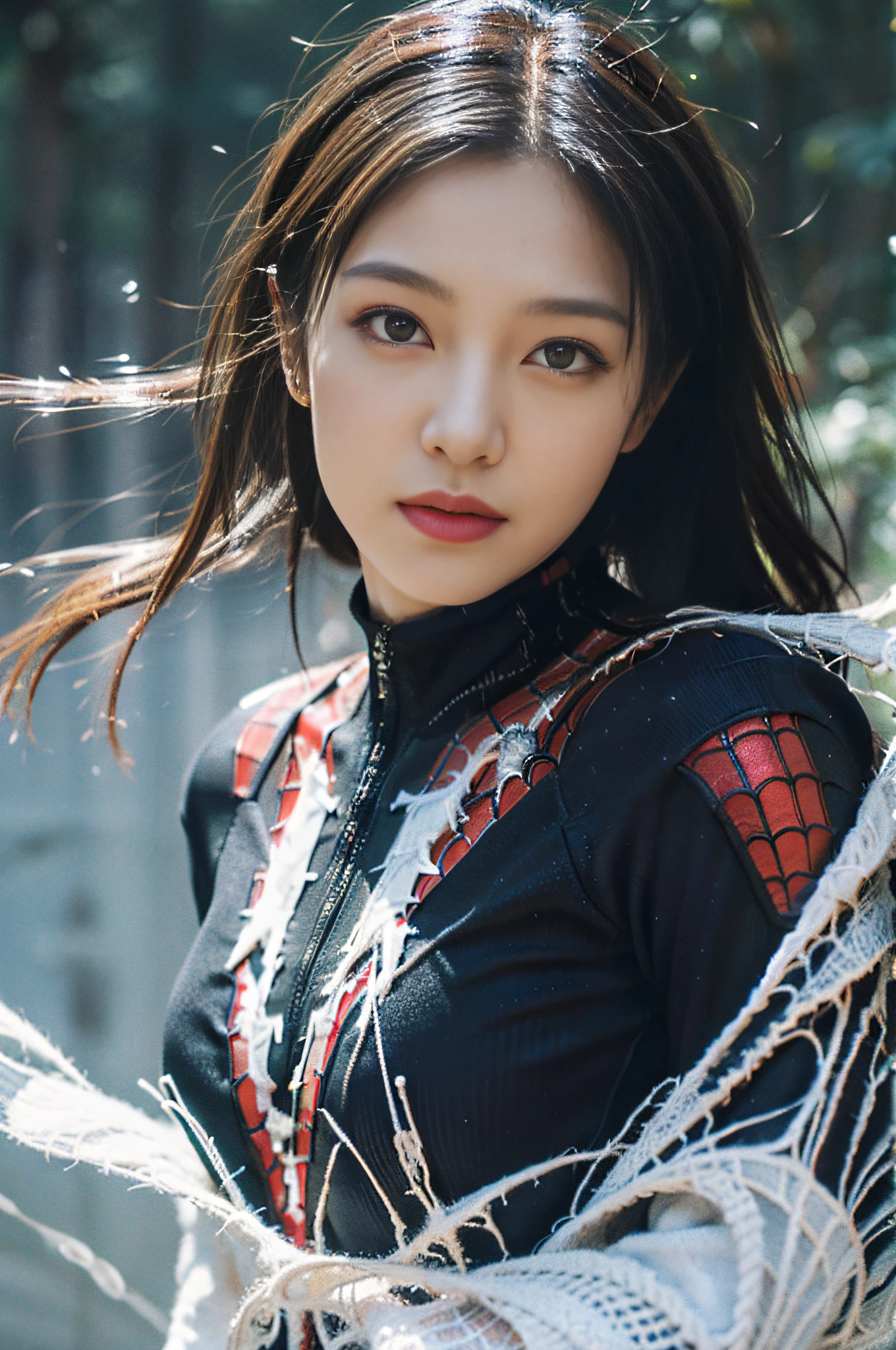 Best Quality, Masterpiece, Ultra High Resolution, (Realistic: 1.4), Original Photo, Official Art, Wallpaper, Bust Photo, Skin, Simple Background, Black Eyes, Details, Fingers, 1 girl, She wears Spider-Man suit, red and black color scheme, spider, breeze, sunlight, water mist, Studio light,