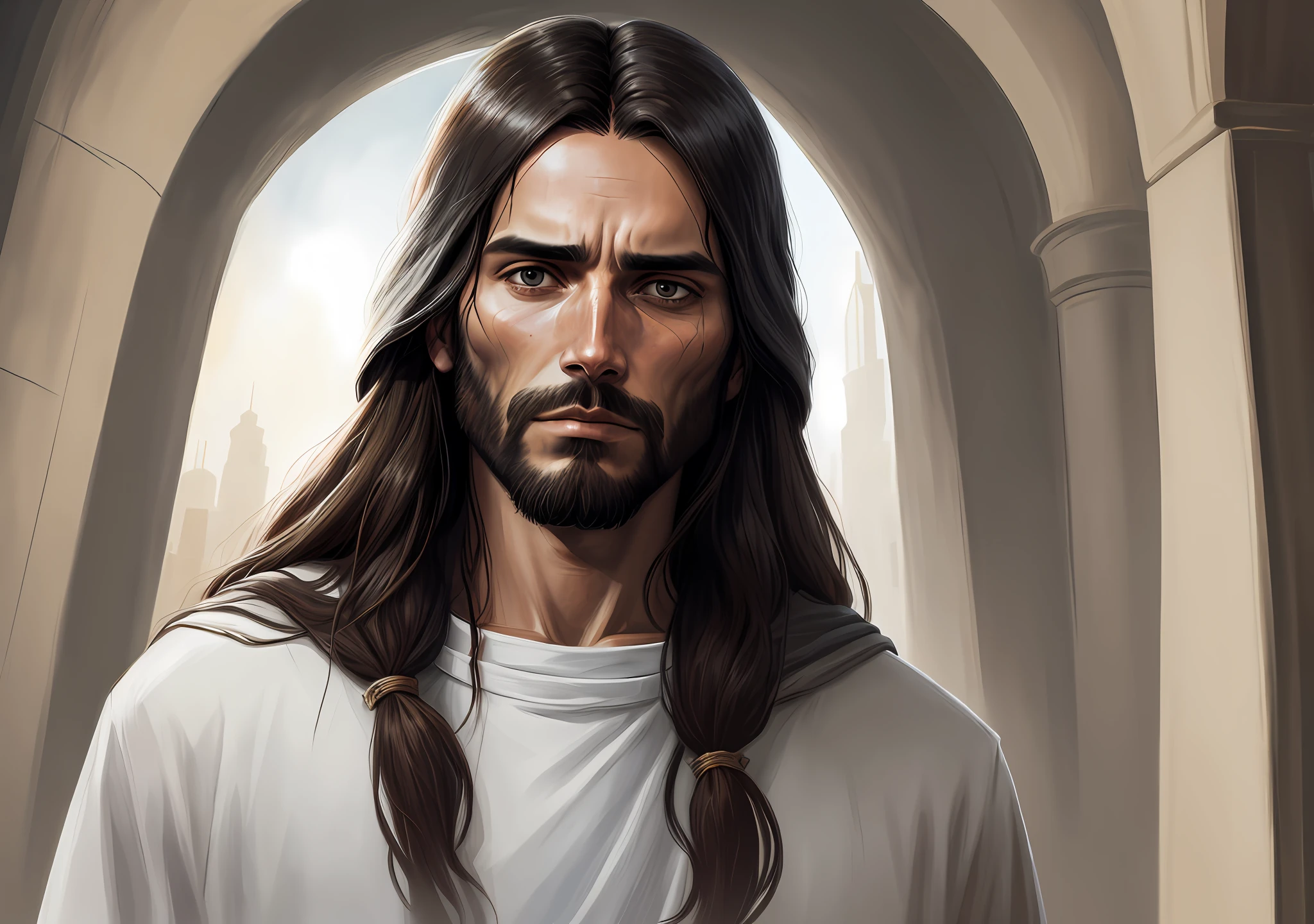 Jesus of Nazareth, Jesus, Face of Jesus, Dressed as Jesus Christ, Digitally Painted, Jesus Christ in Mass Effect, Sad Jesus, Jesus Soft Face Expression, Jesus Sad Look