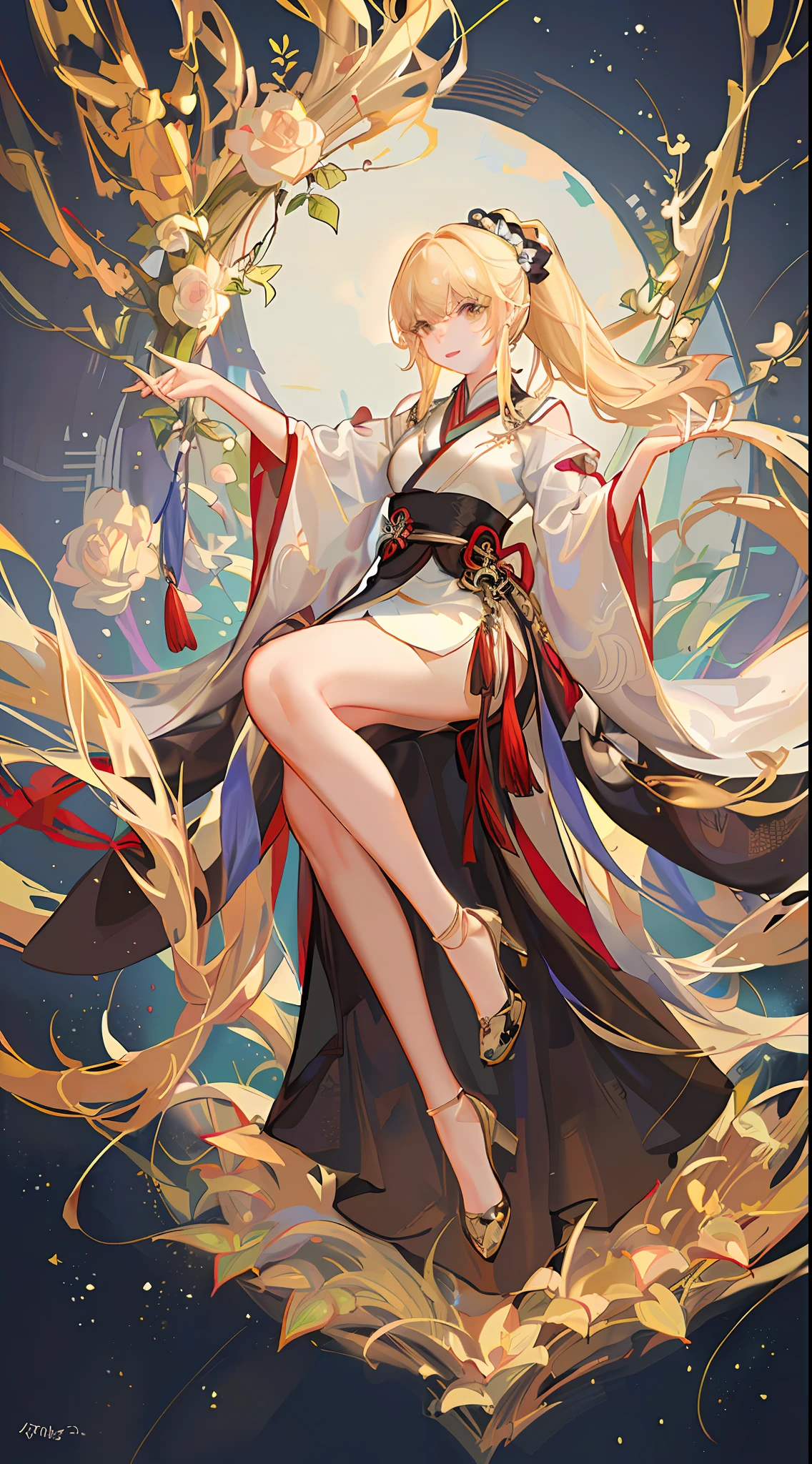 Girl, full body, (face details: 1.2), masterpiece, fashion, hanfu, , medium hair, blonde, long ponytail, bangs, brown eyes,