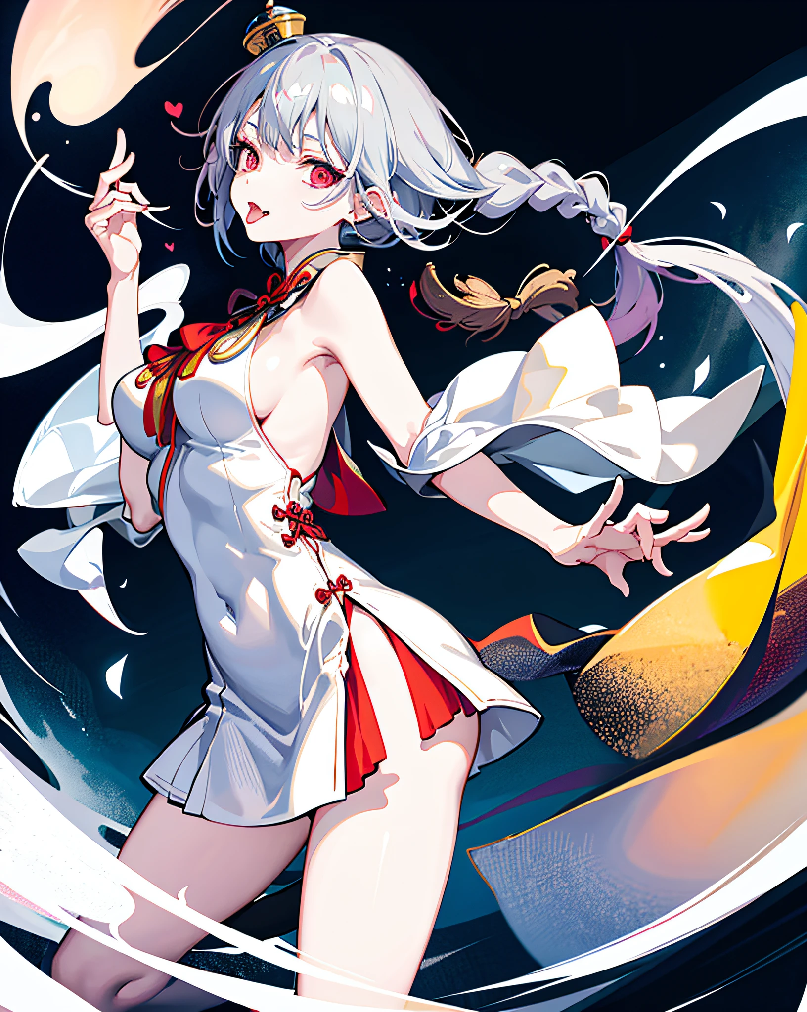 1 girl, big breasts, jiangshi, no underwear, no panties, no bra, expressionless, ((long hair)), dynamic, kung fu pose, gray hair, pale skin, Chinese dress, cowboy shot, tongue sticking out, long tongue, heart-shaped eyes, braids