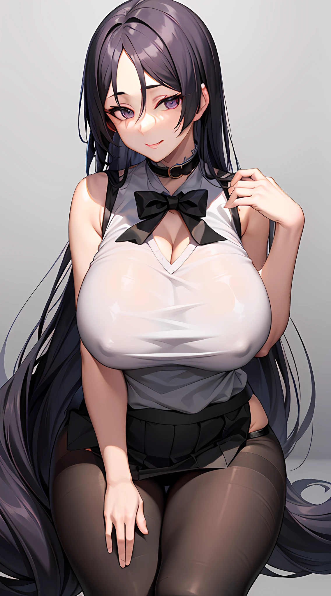 Black and white two-tone patchwork sleeveless shirt, long untied hair, pinched eyes, big tits, thick thighs, white panties, (dark black pantyhose: 1.6), dark purple hip skirt, collar, smile