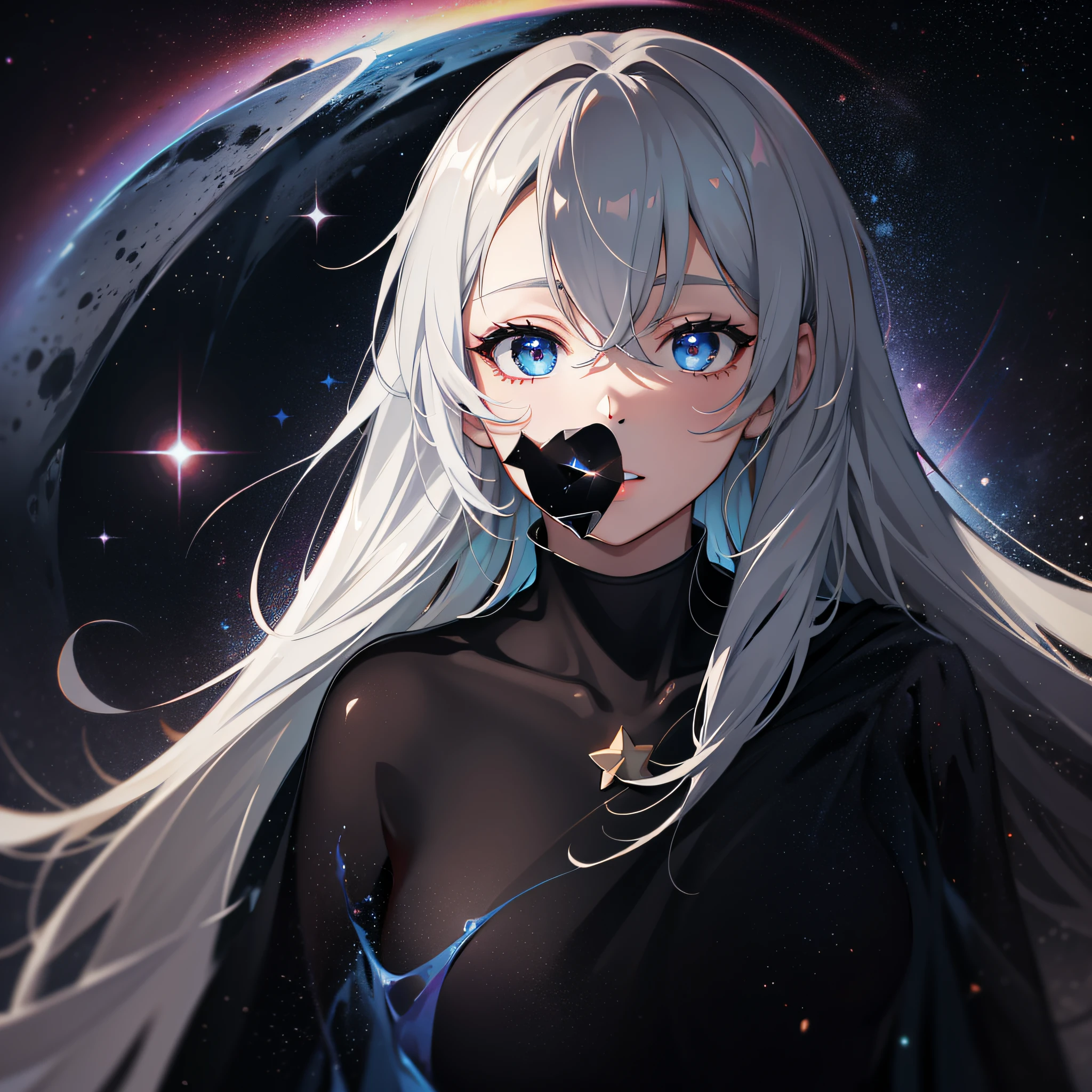 Star being sucked into a black hole, background a face of a mysterious girl